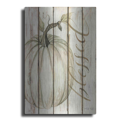 Luxe Metal Art 'Blessed Pumpkin on Shiplap' by Cindy Jacobs, Metal Wall Art