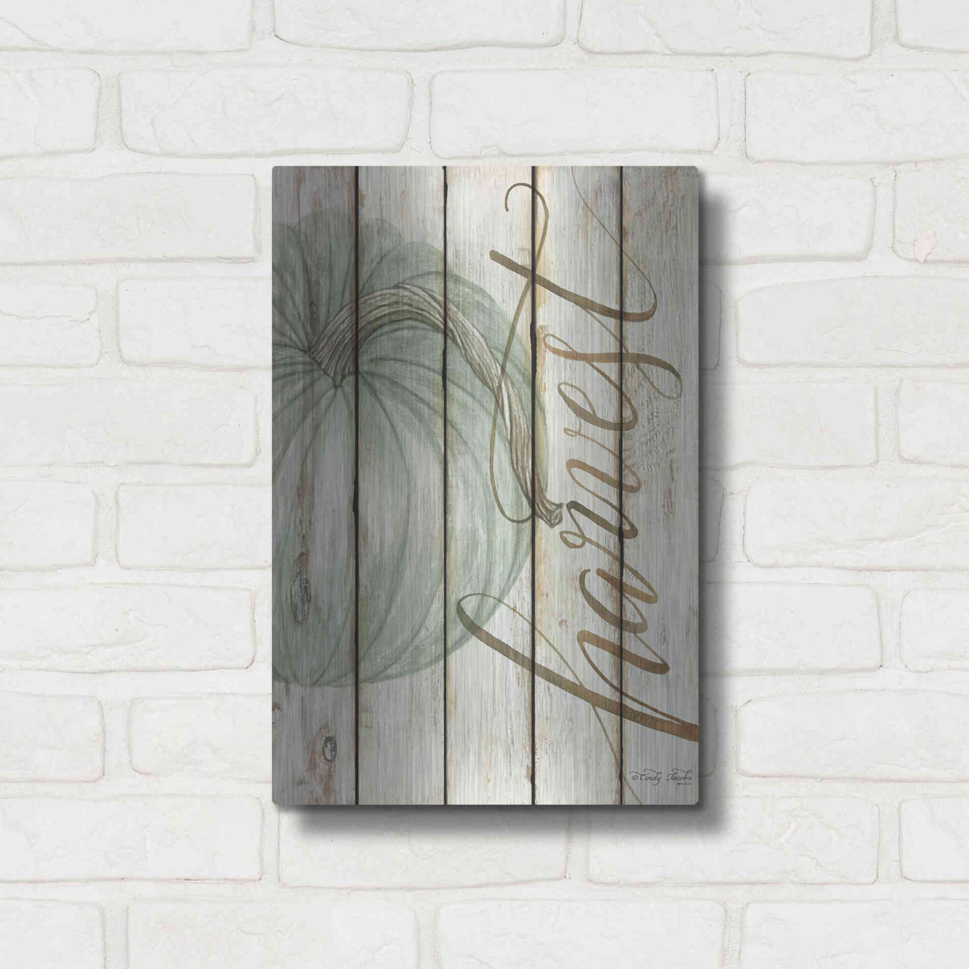 Luxe Metal Art 'Harvest Pumpkin on Shiplap' by Cindy Jacobs, Metal Wall Art,12x16