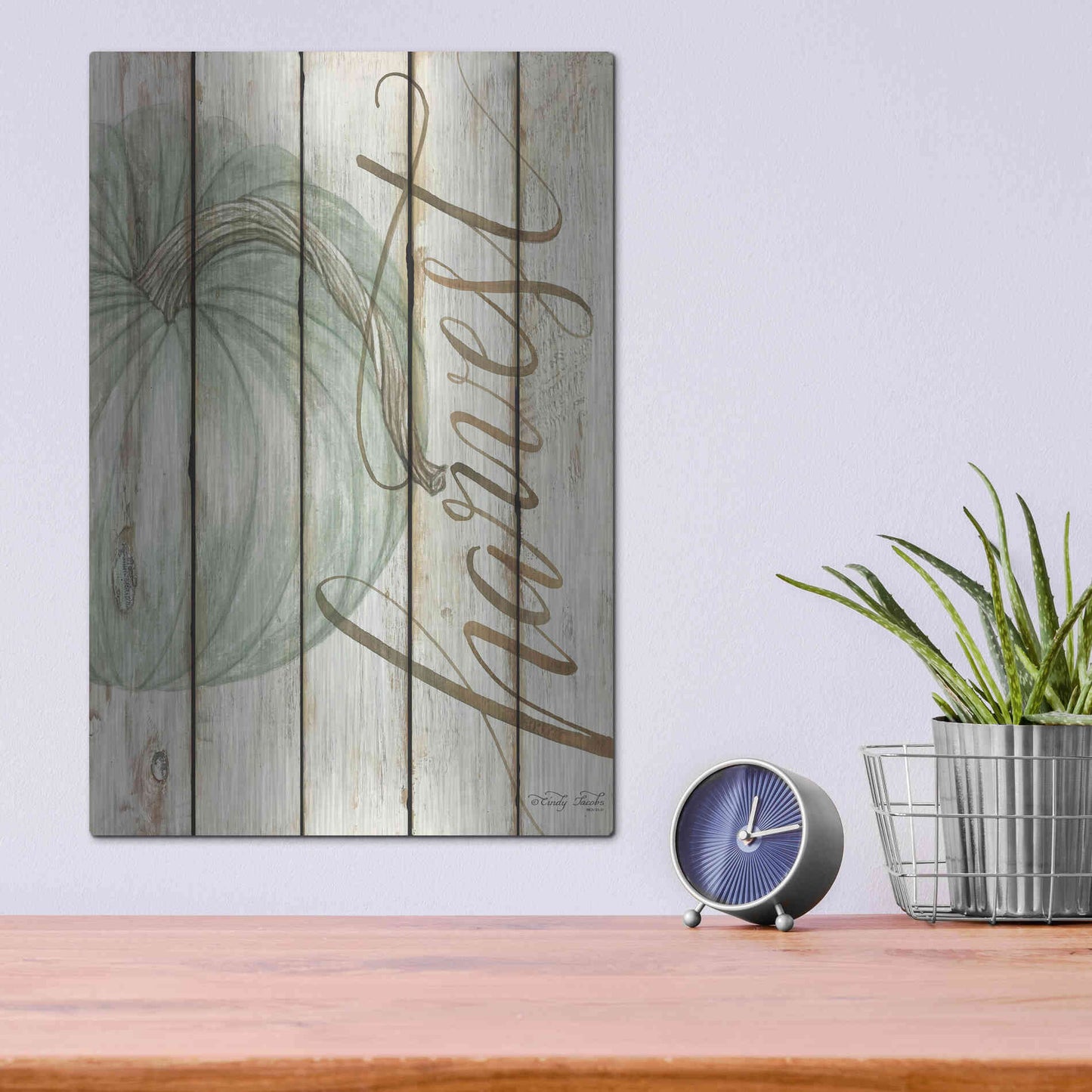 Luxe Metal Art 'Harvest Pumpkin on Shiplap' by Cindy Jacobs, Metal Wall Art,12x16