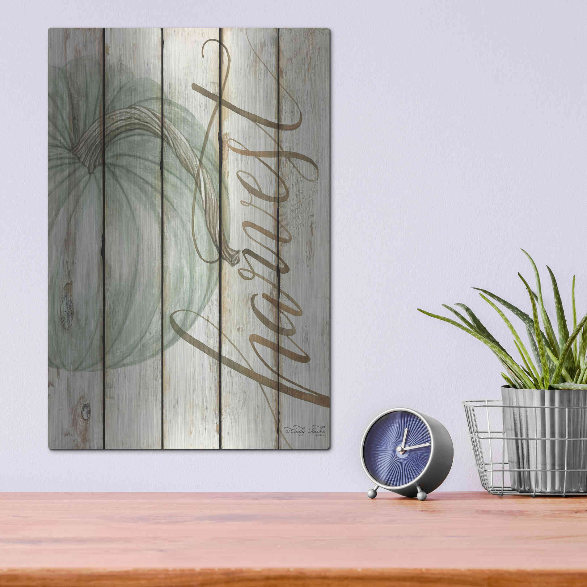 Luxe Metal Art 'Harvest Pumpkin on Shiplap' by Cindy Jacobs, Metal Wall Art,12x16