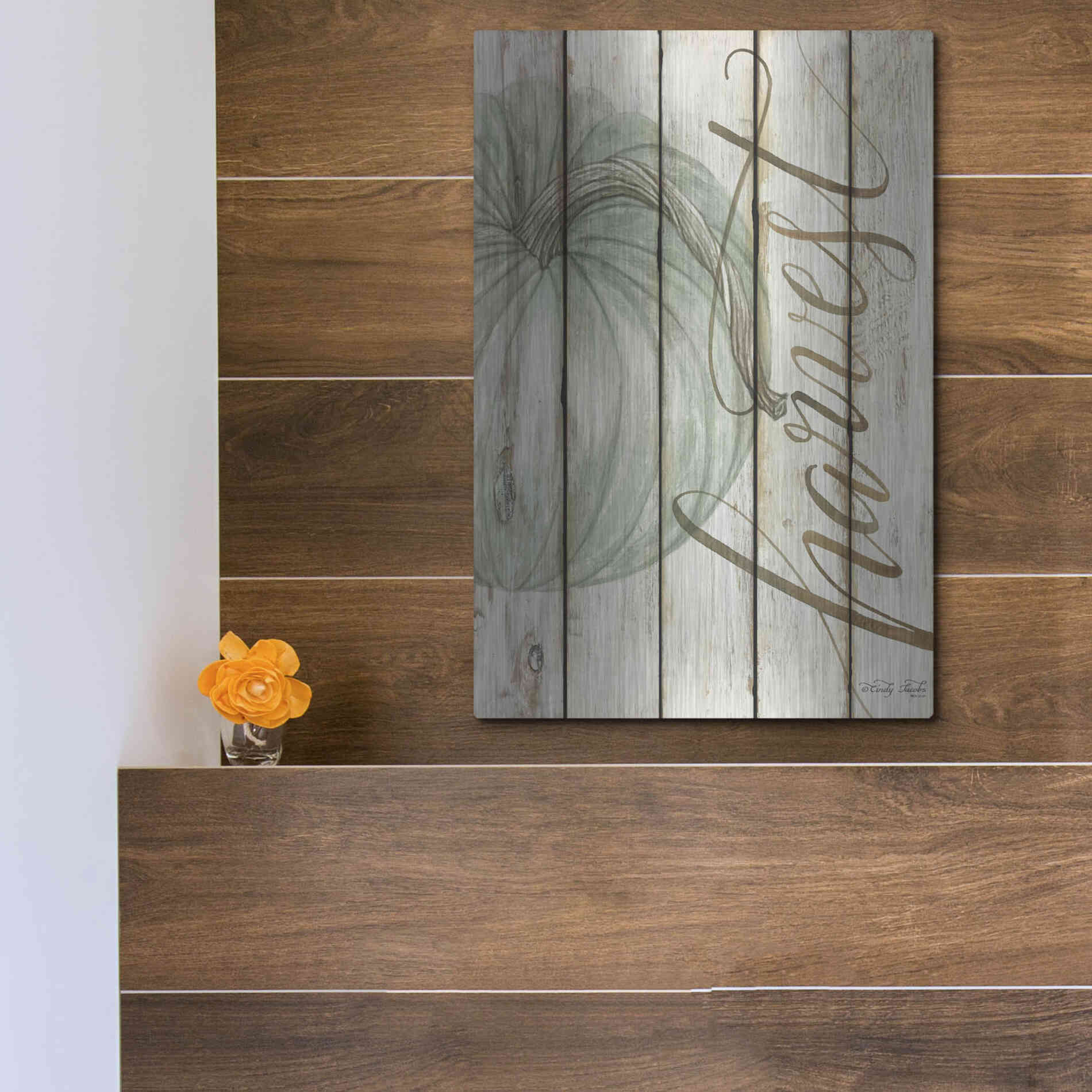 Luxe Metal Art 'Harvest Pumpkin on Shiplap' by Cindy Jacobs, Metal Wall Art,12x16