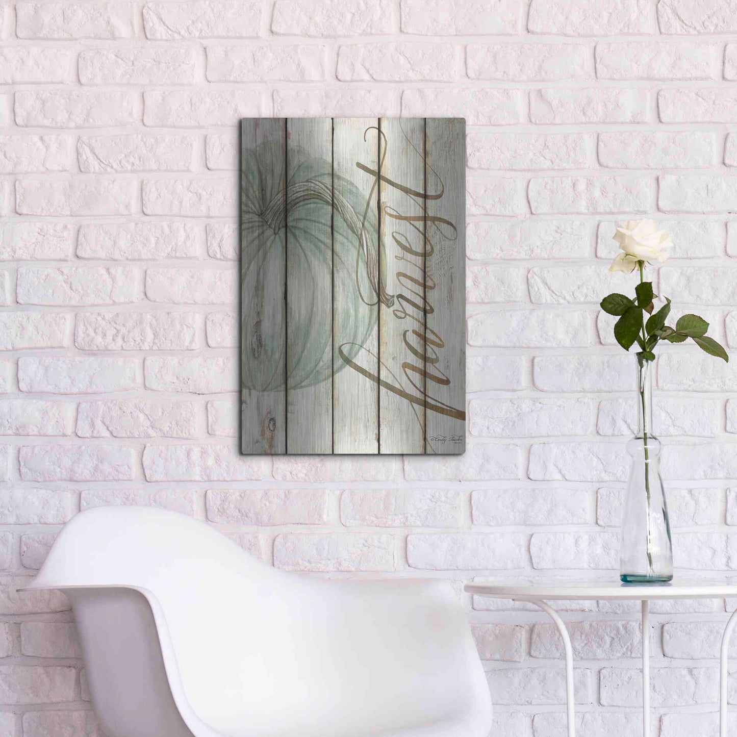 Luxe Metal Art 'Harvest Pumpkin on Shiplap' by Cindy Jacobs, Metal Wall Art,16x24