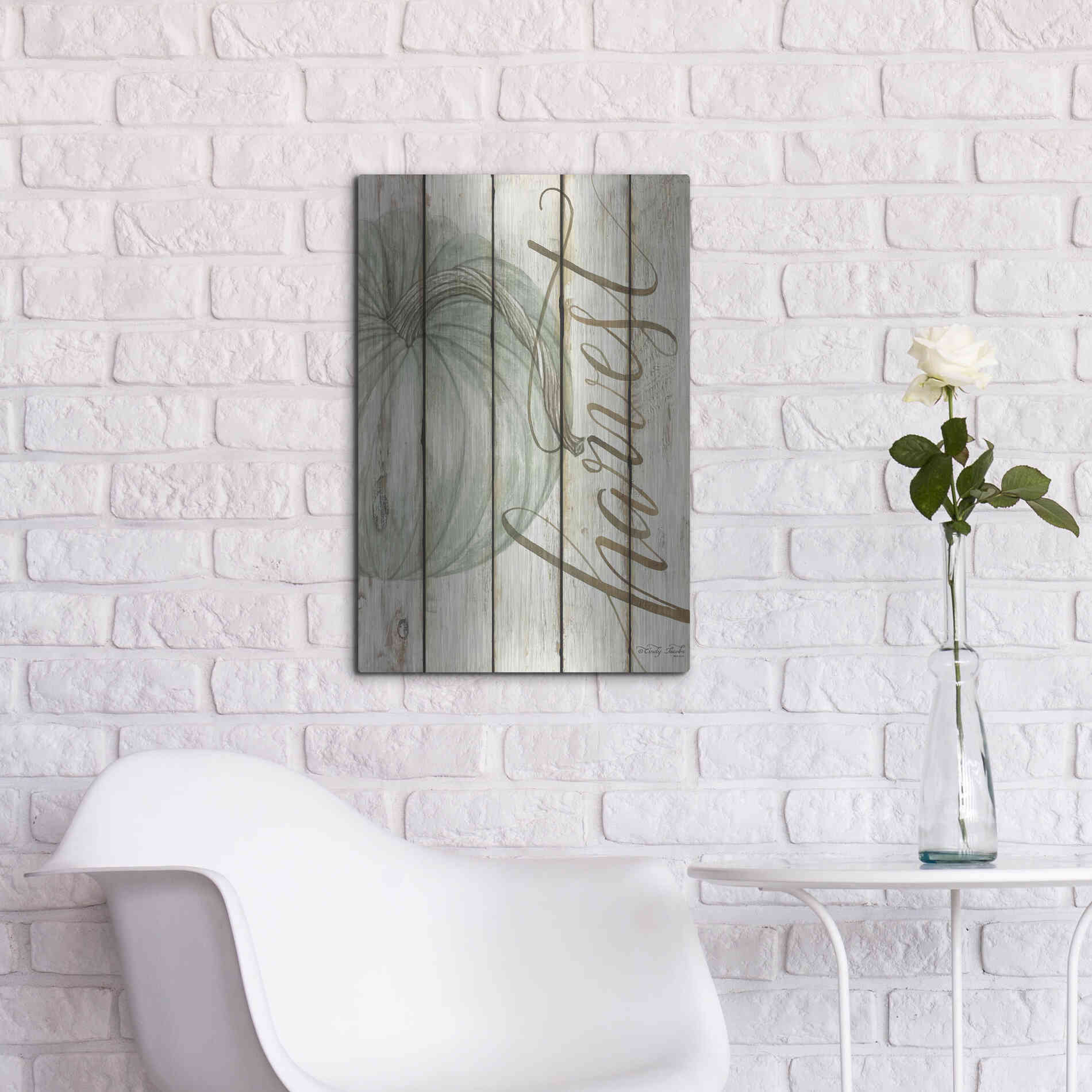 Luxe Metal Art 'Harvest Pumpkin on Shiplap' by Cindy Jacobs, Metal Wall Art,16x24