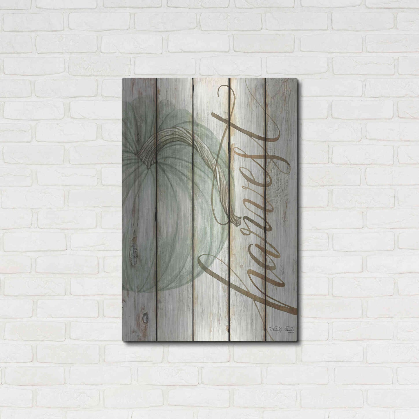 Luxe Metal Art 'Harvest Pumpkin on Shiplap' by Cindy Jacobs, Metal Wall Art,24x36