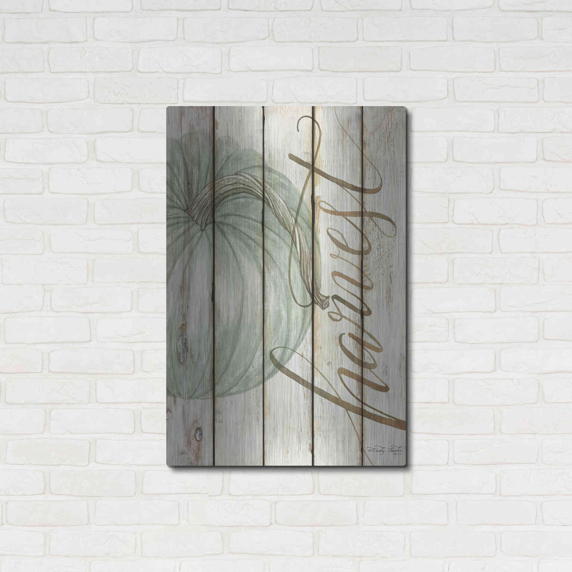 Luxe Metal Art 'Harvest Pumpkin on Shiplap' by Cindy Jacobs, Metal Wall Art,24x36