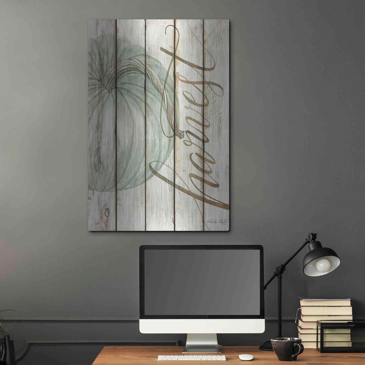 Luxe Metal Art 'Harvest Pumpkin on Shiplap' by Cindy Jacobs, Metal Wall Art,24x36