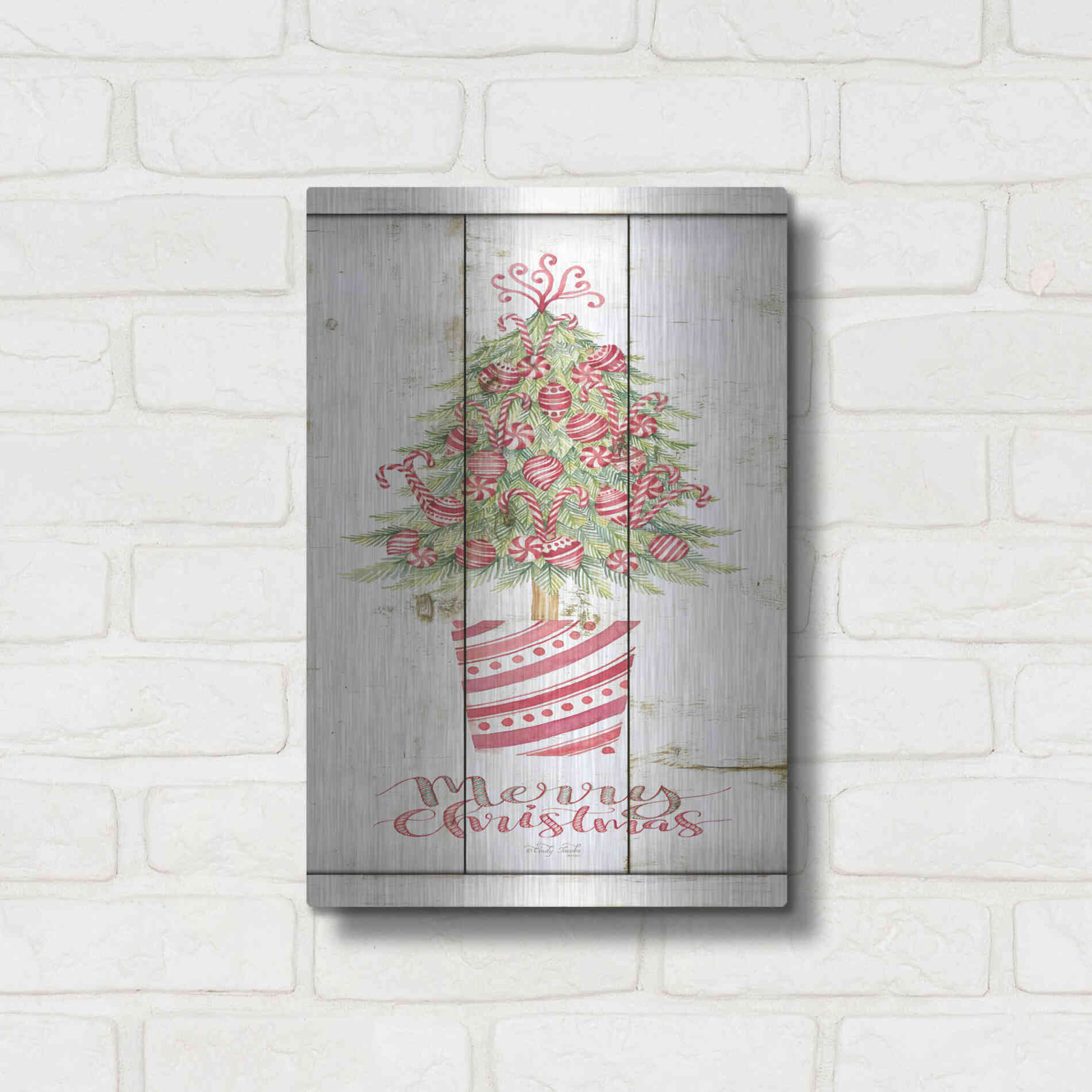 Luxe Metal Art 'Candy Cane Christmas Tree' by Cindy Jacobs, Metal Wall Art,12x16