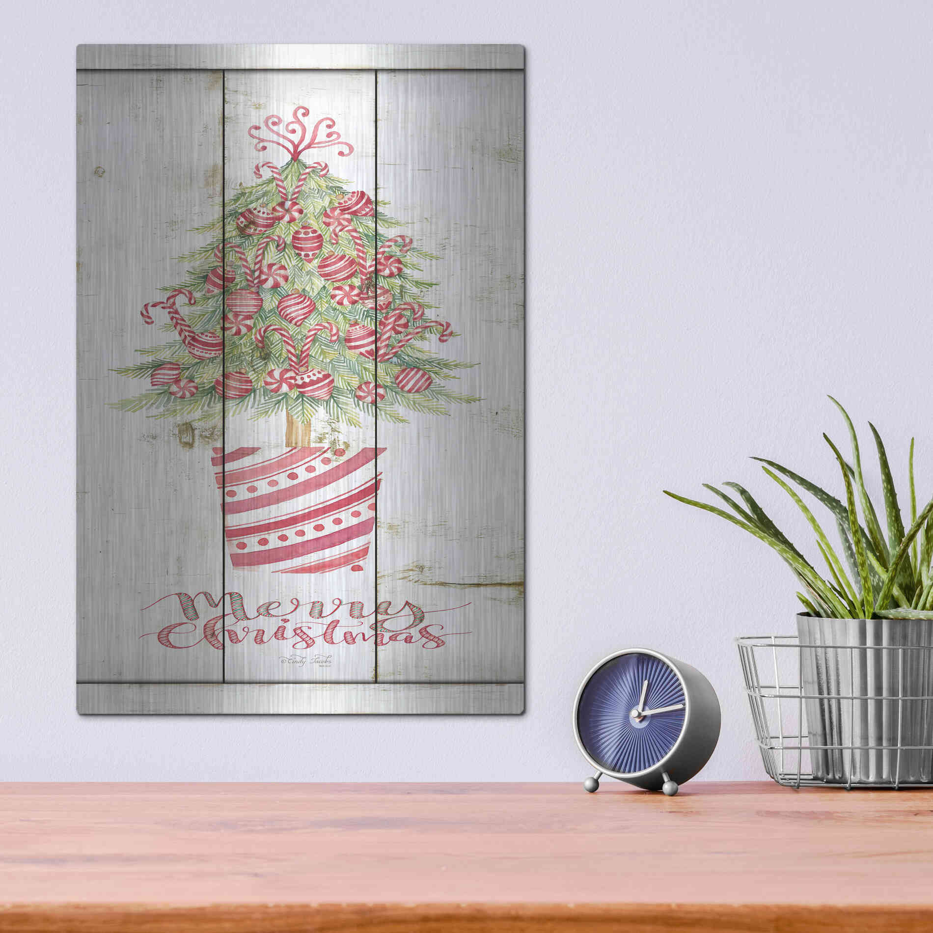 Luxe Metal Art 'Candy Cane Christmas Tree' by Cindy Jacobs, Metal Wall Art,12x16