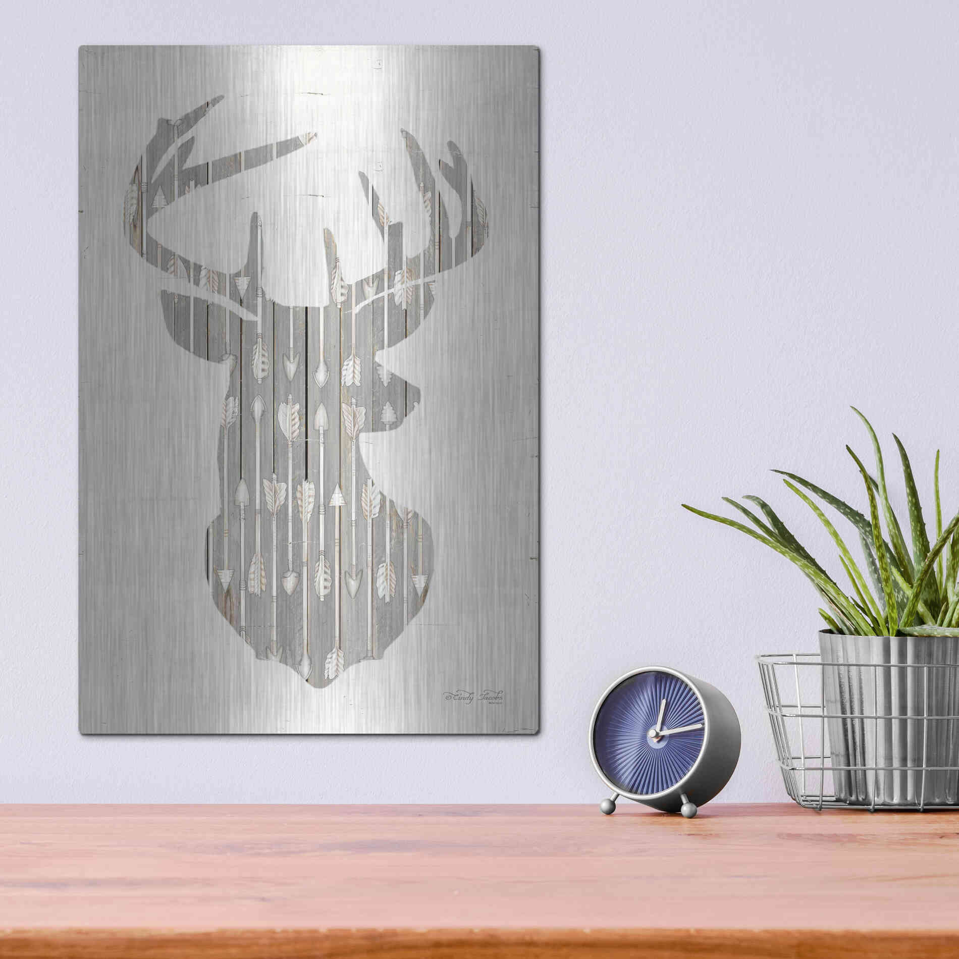 Luxe Metal Art 'Deer and Arrows Silhouette' by Cindy Jacobs, Metal Wall Art,12x16