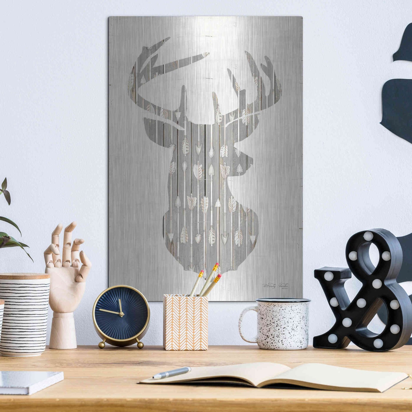 Luxe Metal Art 'Deer and Arrows Silhouette' by Cindy Jacobs, Metal Wall Art,12x16