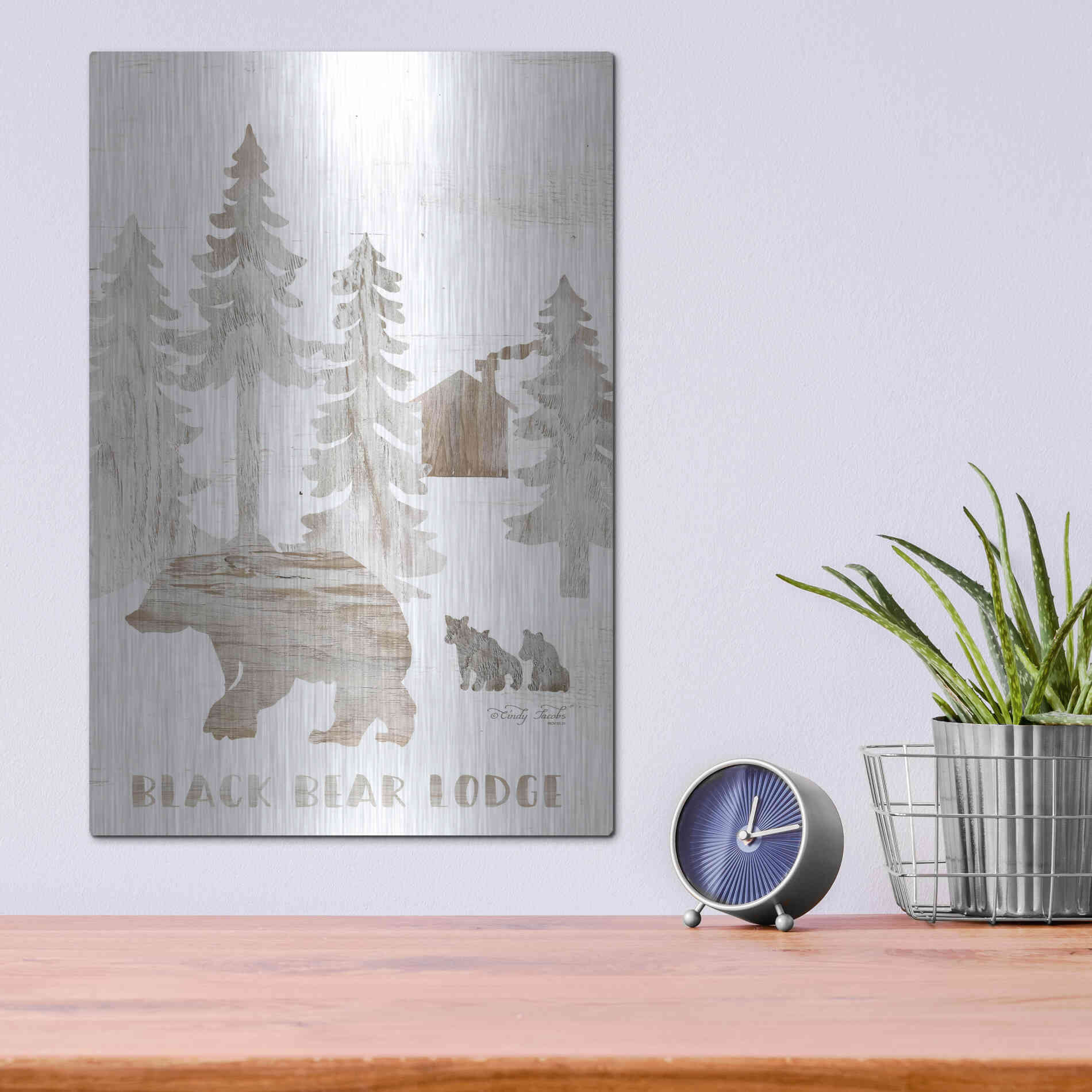 Luxe Metal Art 'Black Bear Lodge' by Cindy Jacobs, Metal Wall Art,12x16
