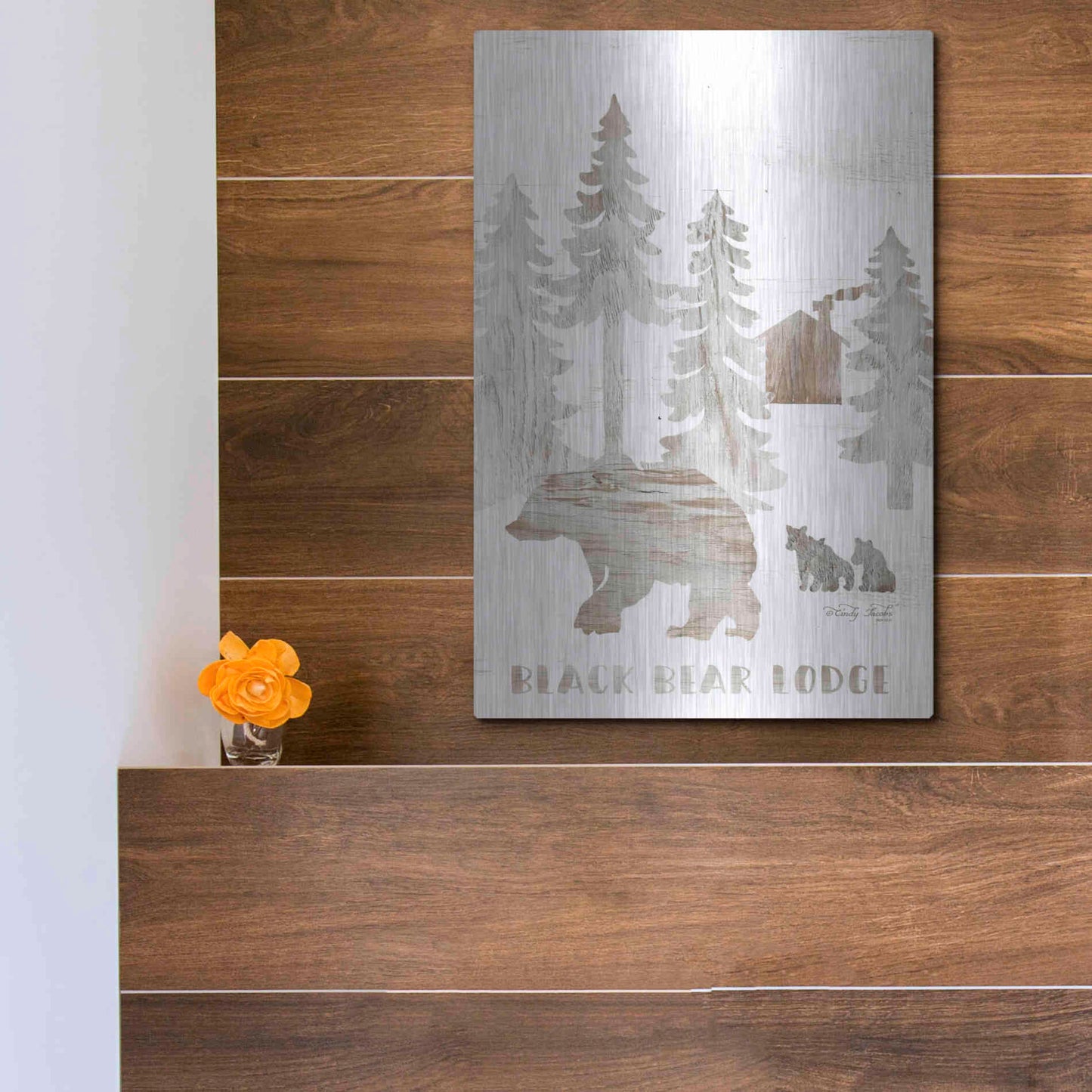Luxe Metal Art 'Black Bear Lodge' by Cindy Jacobs, Metal Wall Art,12x16