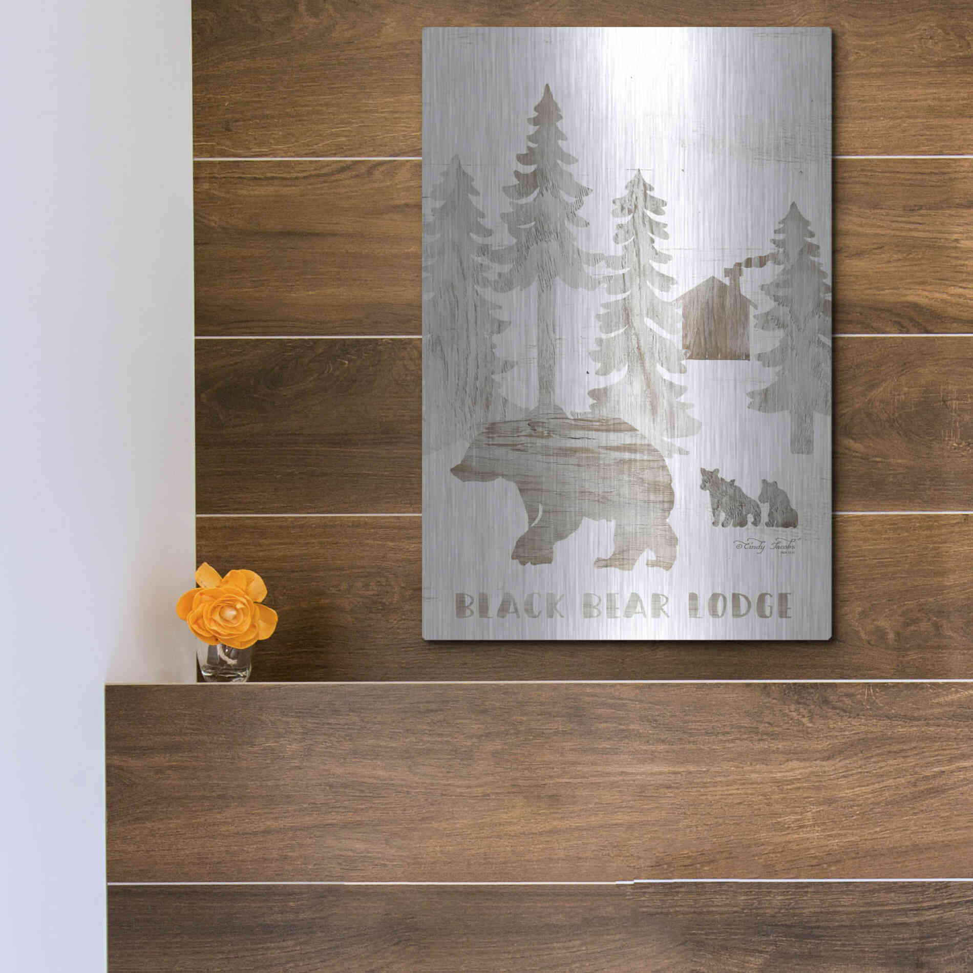 Luxe Metal Art 'Black Bear Lodge' by Cindy Jacobs, Metal Wall Art,12x16