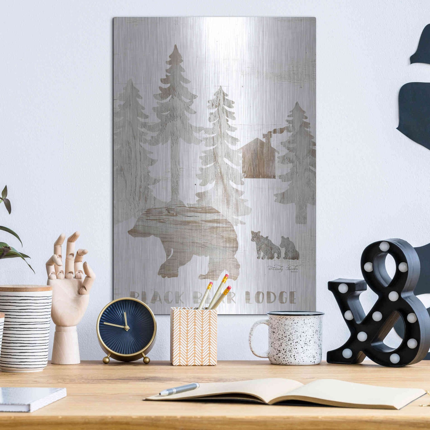 Luxe Metal Art 'Black Bear Lodge' by Cindy Jacobs, Metal Wall Art,12x16