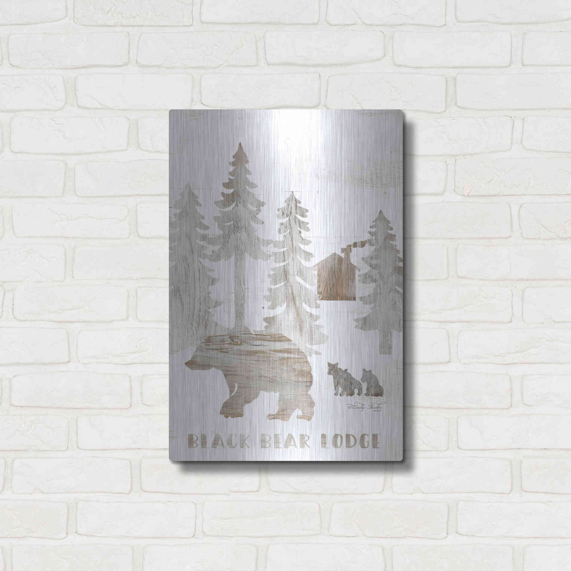 Luxe Metal Art 'Black Bear Lodge' by Cindy Jacobs, Metal Wall Art,16x24