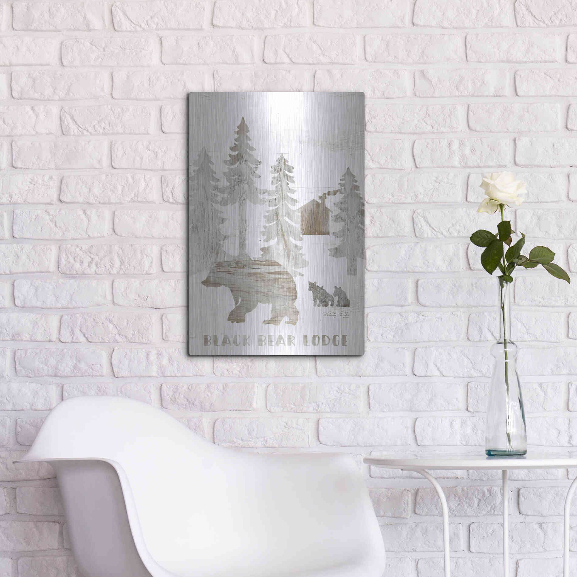 Luxe Metal Art 'Black Bear Lodge' by Cindy Jacobs, Metal Wall Art,16x24