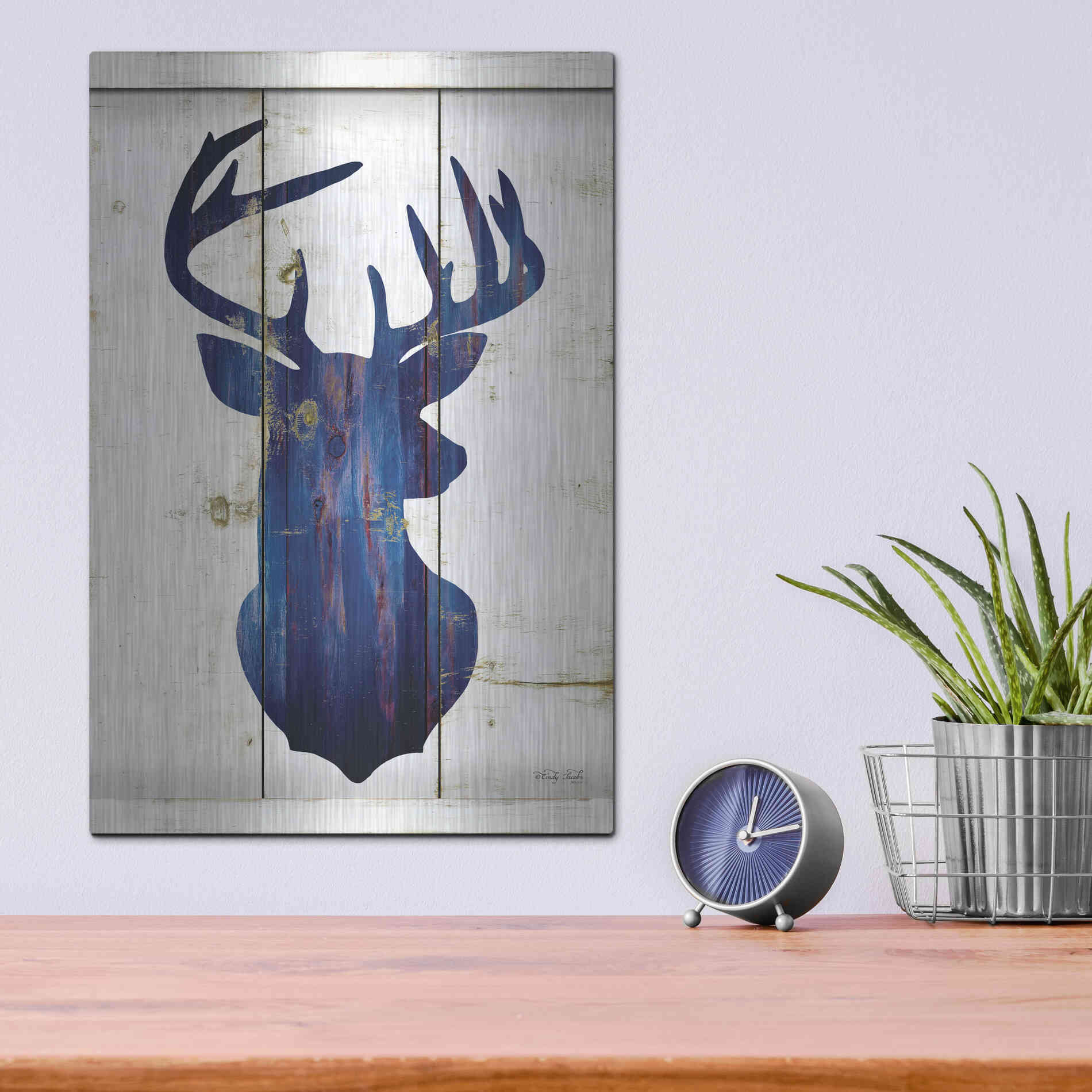 Luxe Metal Art 'Midnight Blue Deer III' by Cindy Jacobs, Metal Wall Art,12x16