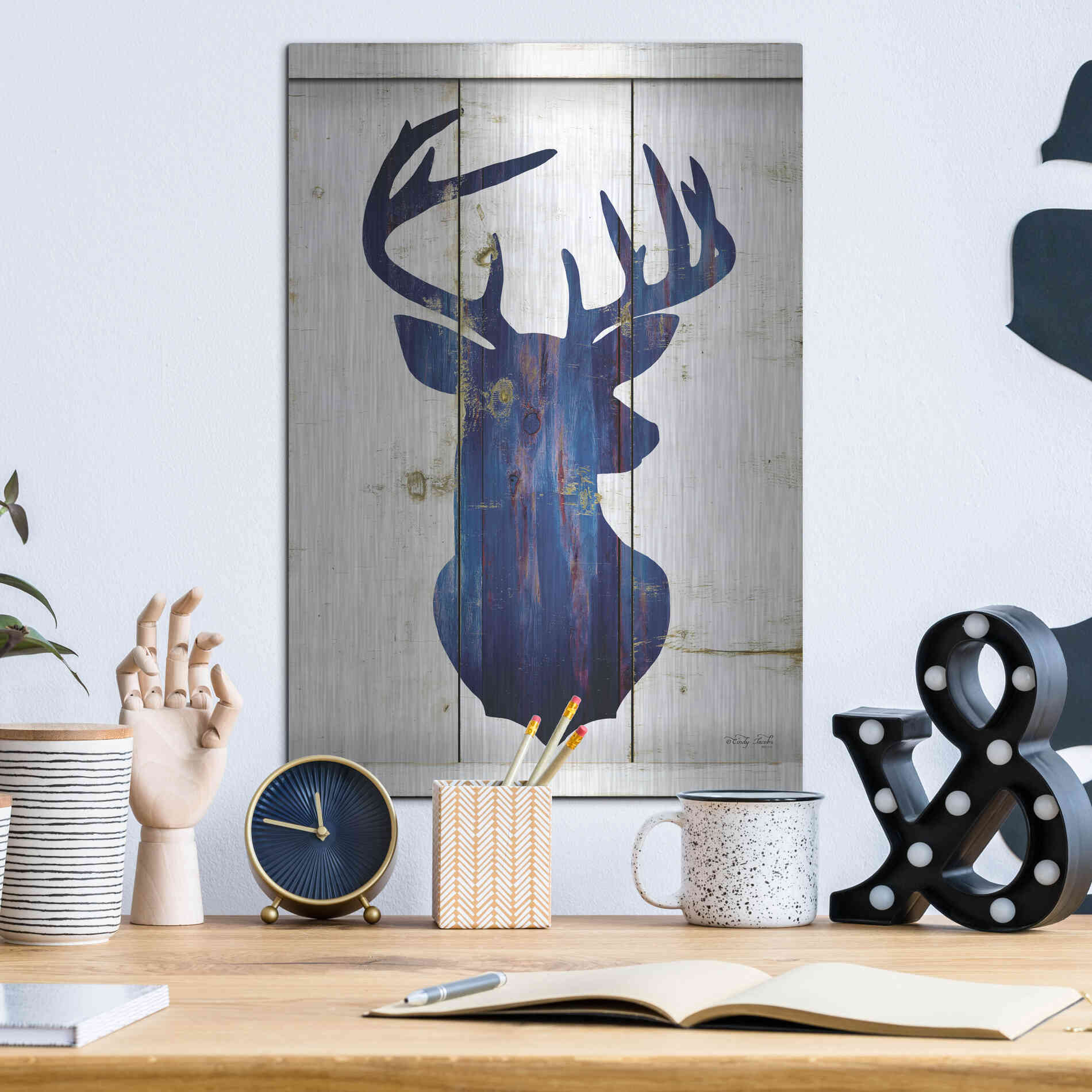 Luxe Metal Art 'Midnight Blue Deer III' by Cindy Jacobs, Metal Wall Art,12x16