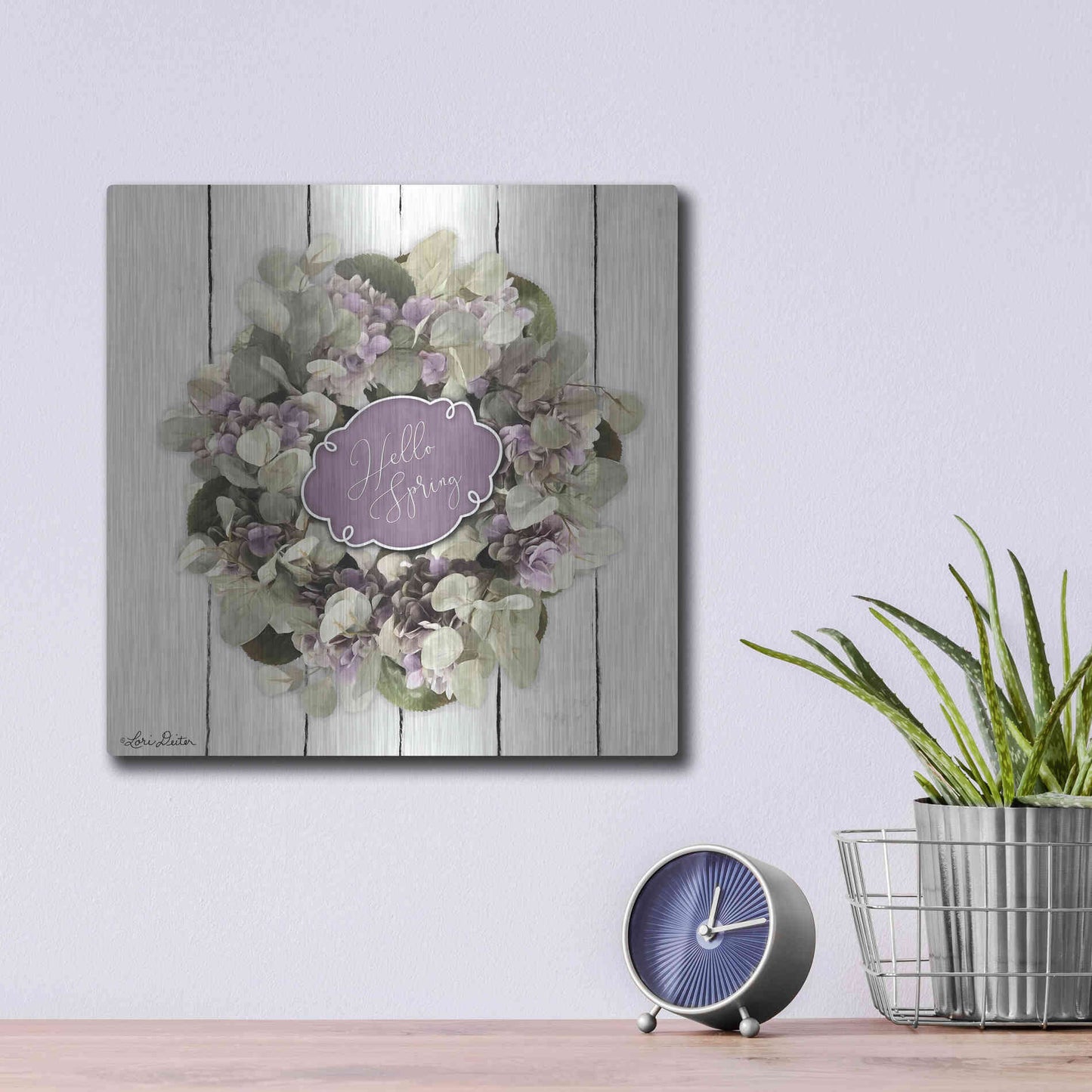 Luxe Metal Art 'Hello Spring Wreath' by Lori Deiter, Metal Wall Art,12x12