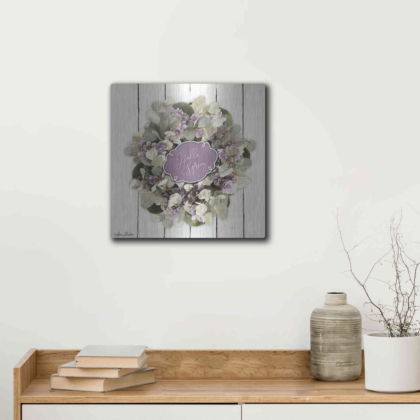 Luxe Metal Art 'Hello Spring Wreath' by Lori Deiter, Metal Wall Art,12x12