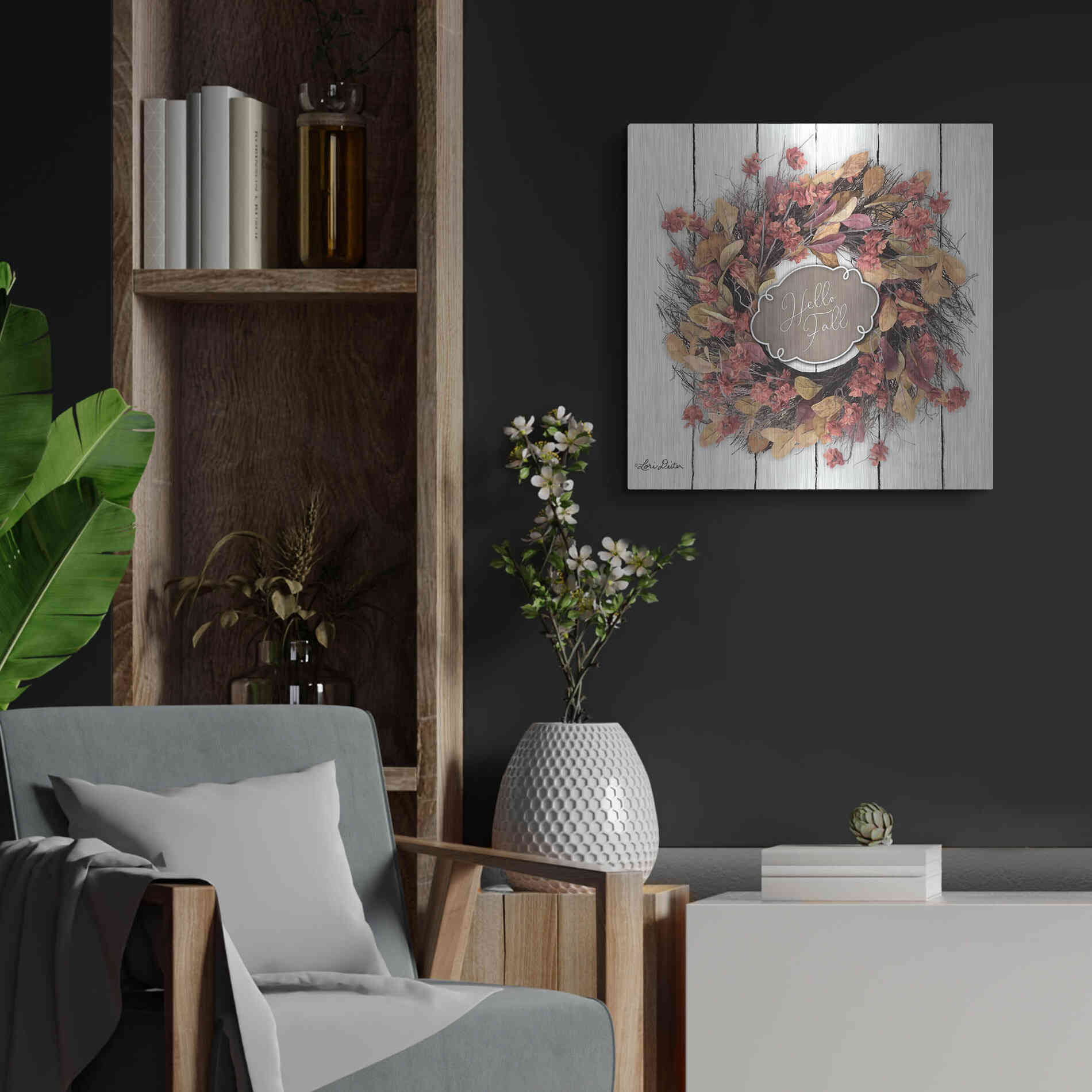 Luxe Metal Art 'Hello Fall Wreath' by Lori Deiter, Metal Wall Art,24x24