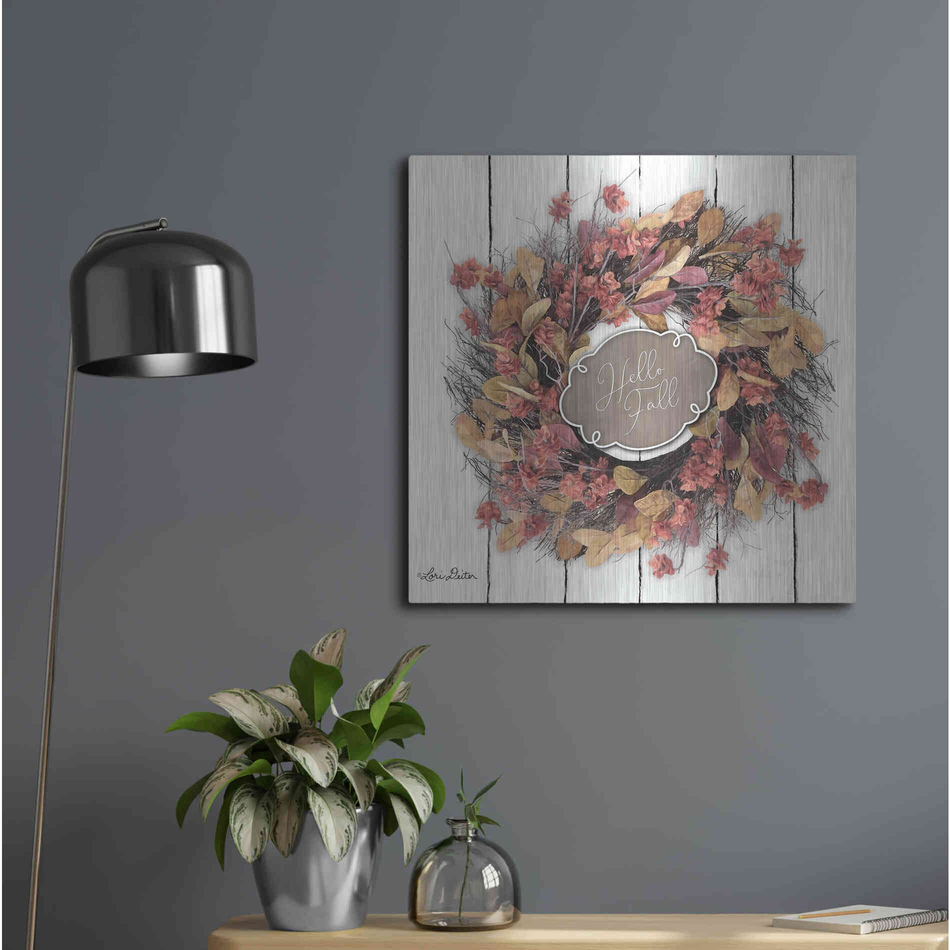 Luxe Metal Art 'Hello Fall Wreath' by Lori Deiter, Metal Wall Art,24x24