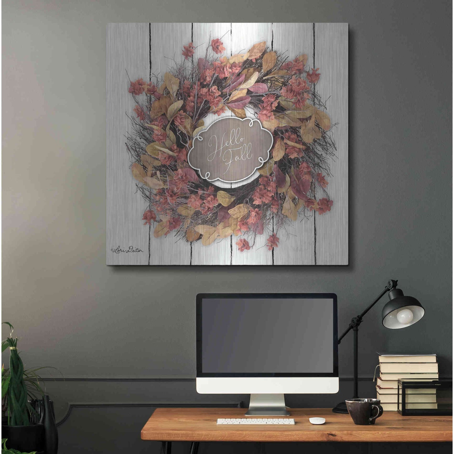Luxe Metal Art 'Hello Fall Wreath' by Lori Deiter, Metal Wall Art,36x36