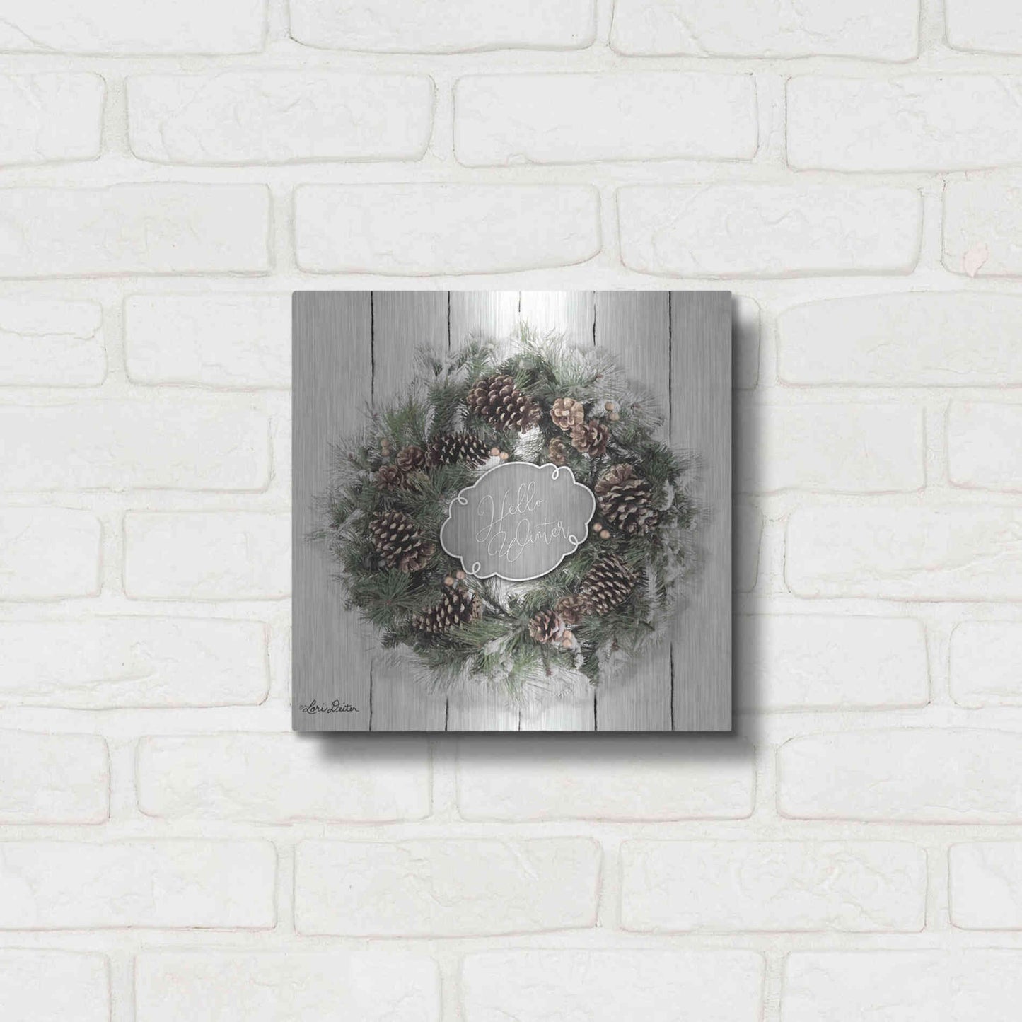 Luxe Metal Art 'Hello Winter Wreath' by Lori Deiter, Metal Wall Art,12x12