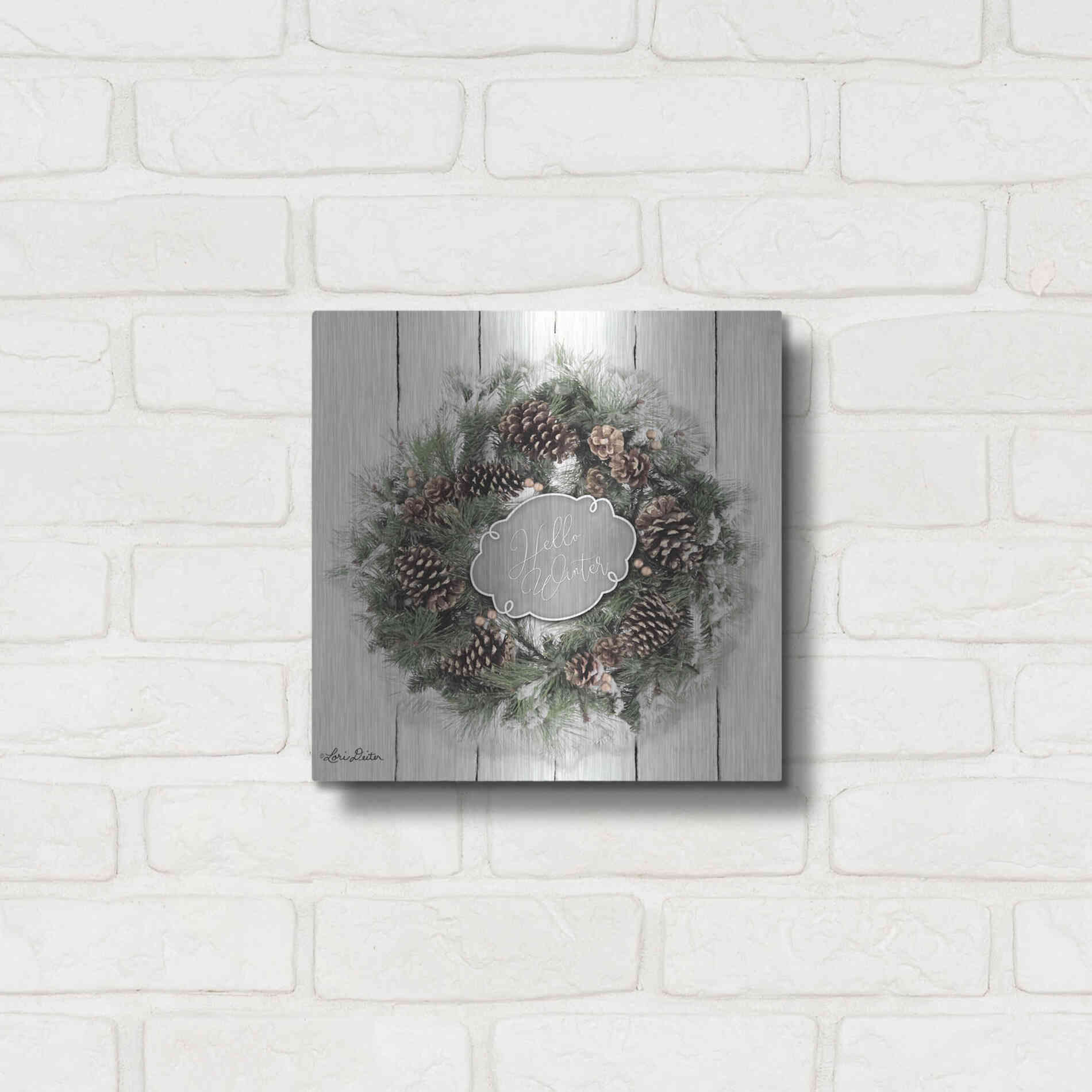 Luxe Metal Art 'Hello Winter Wreath' by Lori Deiter, Metal Wall Art,12x12