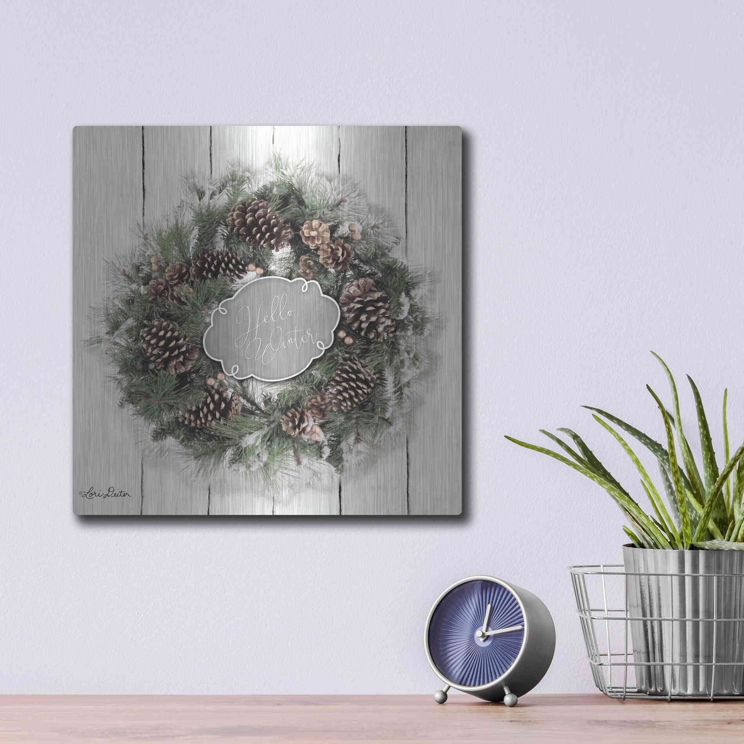 Luxe Metal Art 'Hello Winter Wreath' by Lori Deiter, Metal Wall Art,12x12