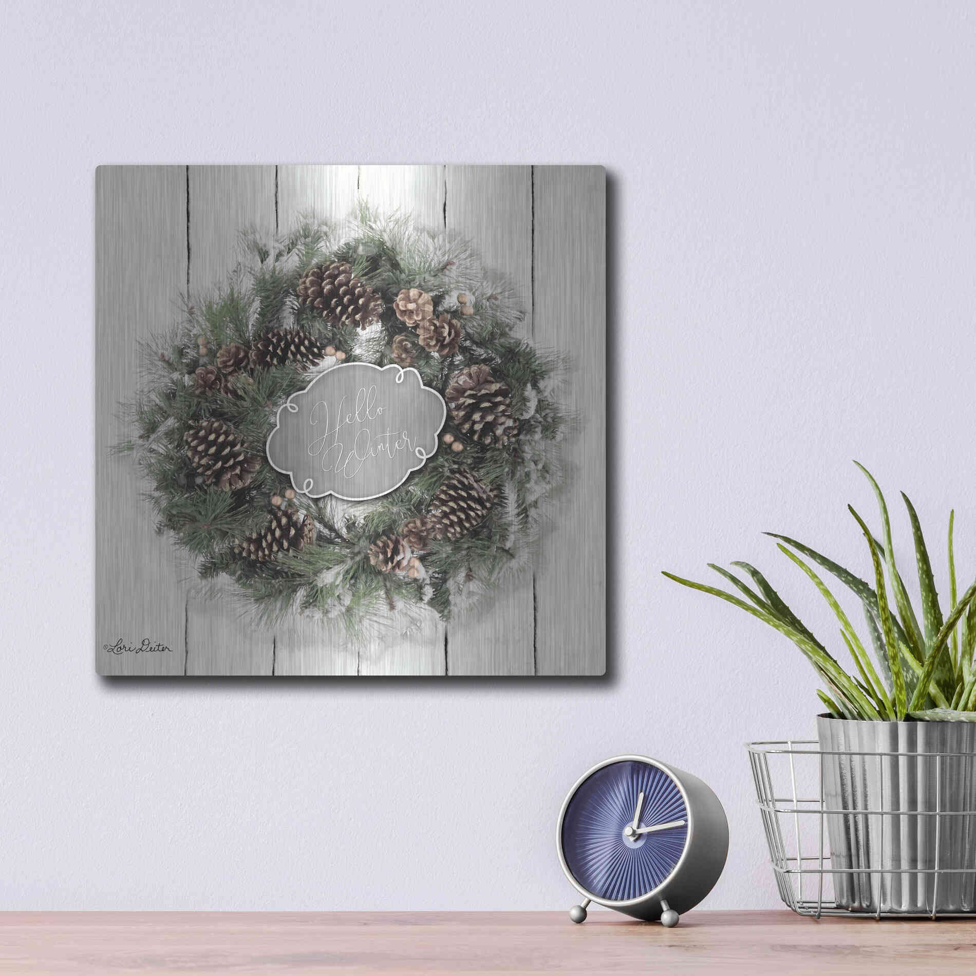 Luxe Metal Art 'Hello Winter Wreath' by Lori Deiter, Metal Wall Art,12x12