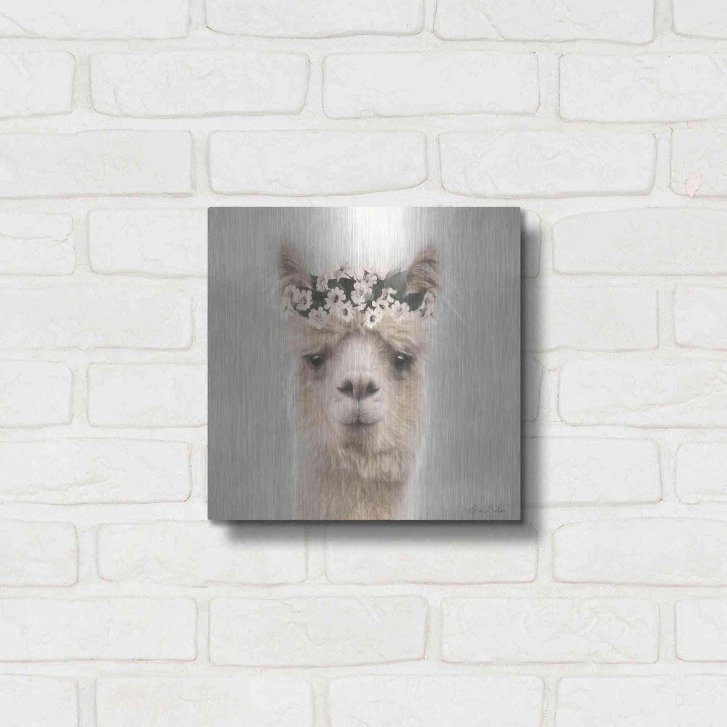 Luxe Metal Art 'Alpaca with Flowers' by Lori Deiter, Metal Wall Art,12x12