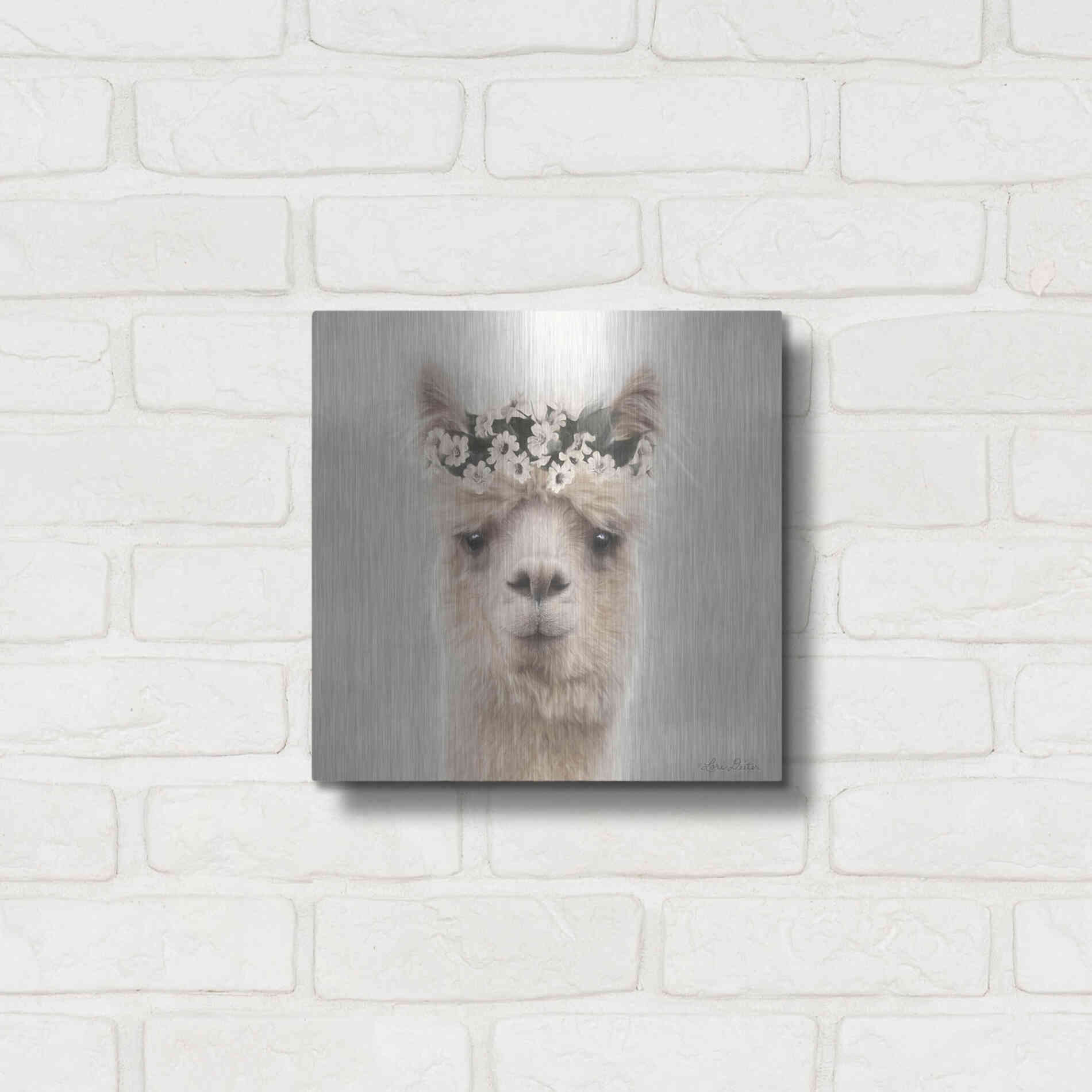 Luxe Metal Art 'Alpaca with Flowers' by Lori Deiter, Metal Wall Art,12x12