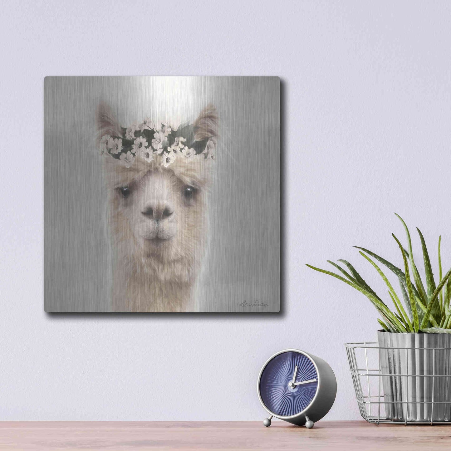 Luxe Metal Art 'Alpaca with Flowers' by Lori Deiter, Metal Wall Art,12x12