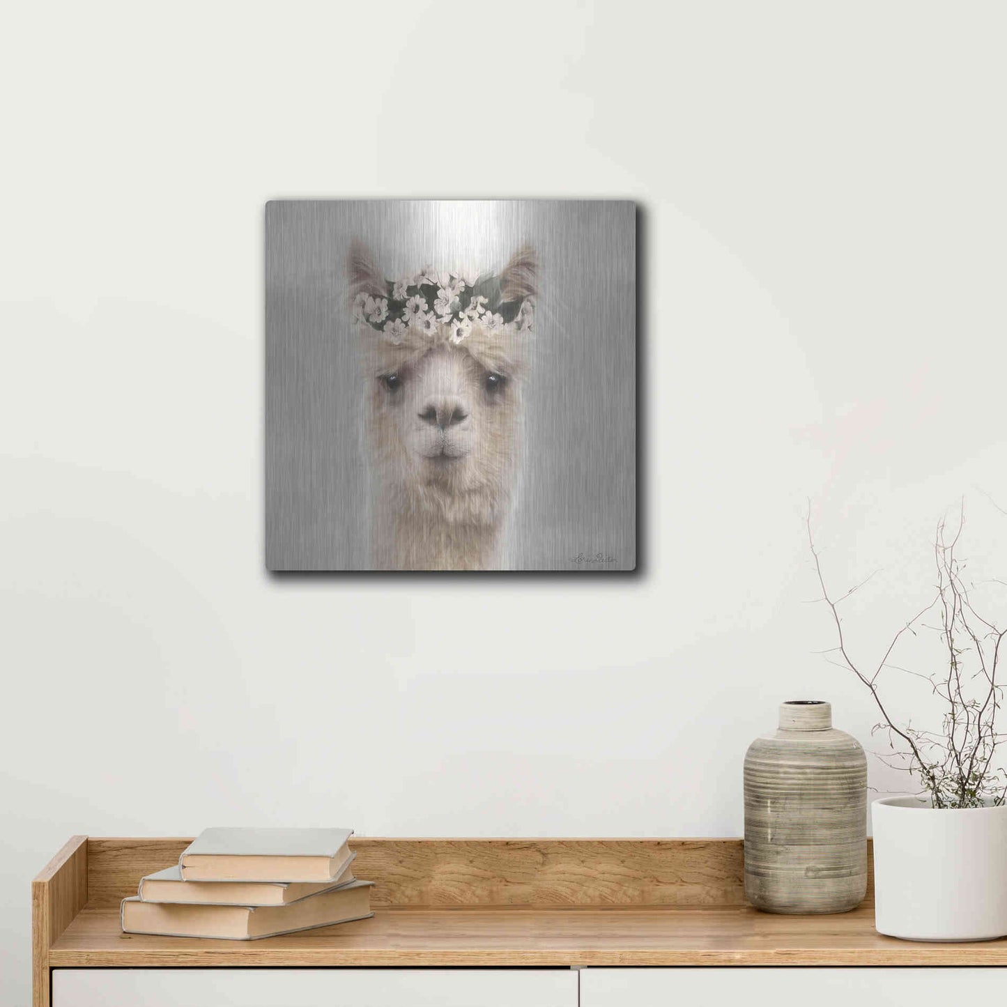 Luxe Metal Art 'Alpaca with Flowers' by Lori Deiter, Metal Wall Art,12x12