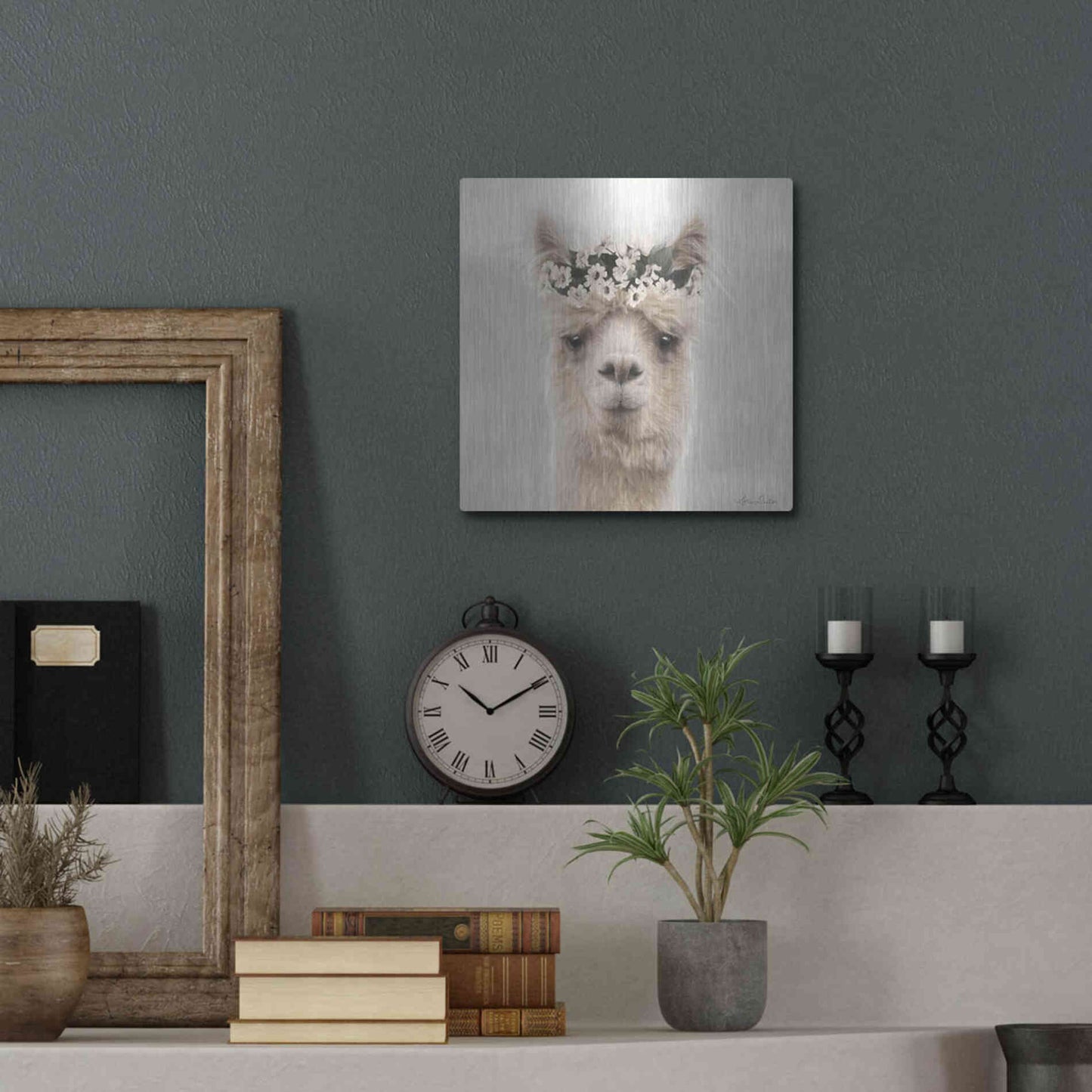 Luxe Metal Art 'Alpaca with Flowers' by Lori Deiter, Metal Wall Art,12x12