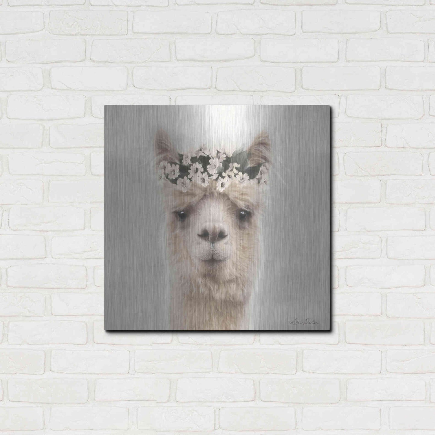 Luxe Metal Art 'Alpaca with Flowers' by Lori Deiter, Metal Wall Art,24x24