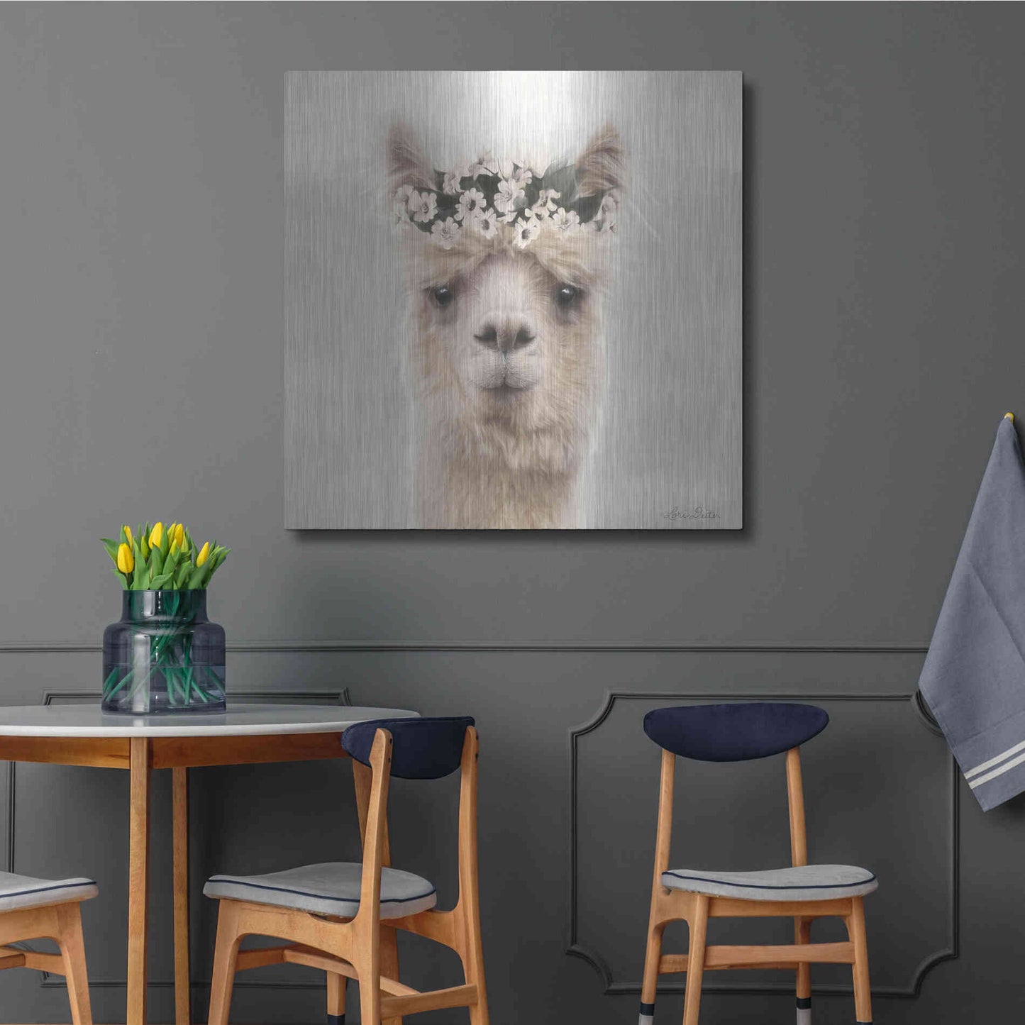 Luxe Metal Art 'Alpaca with Flowers' by Lori Deiter, Metal Wall Art,36x36