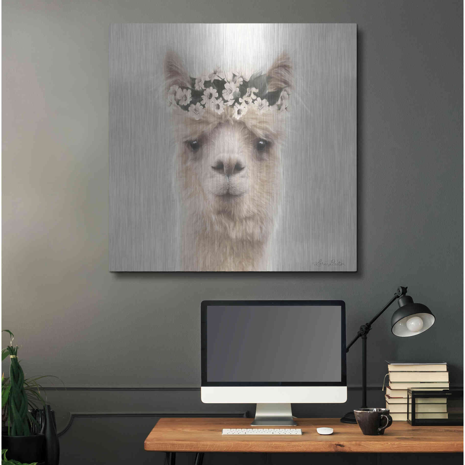 Luxe Metal Art 'Alpaca with Flowers' by Lori Deiter, Metal Wall Art,36x36