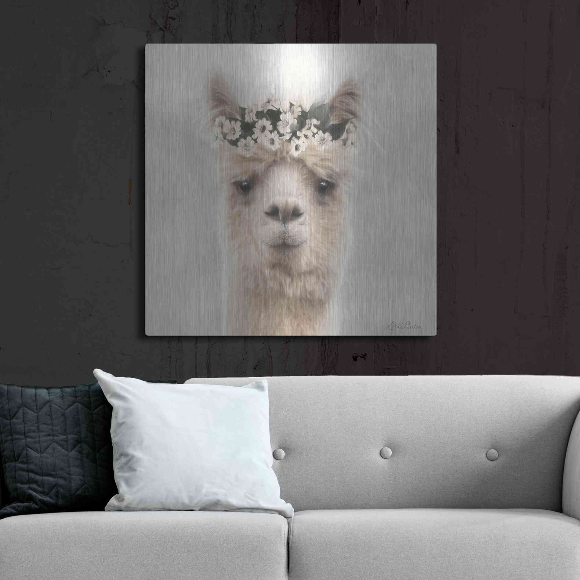 Luxe Metal Art 'Alpaca with Flowers' by Lori Deiter, Metal Wall Art,36x36