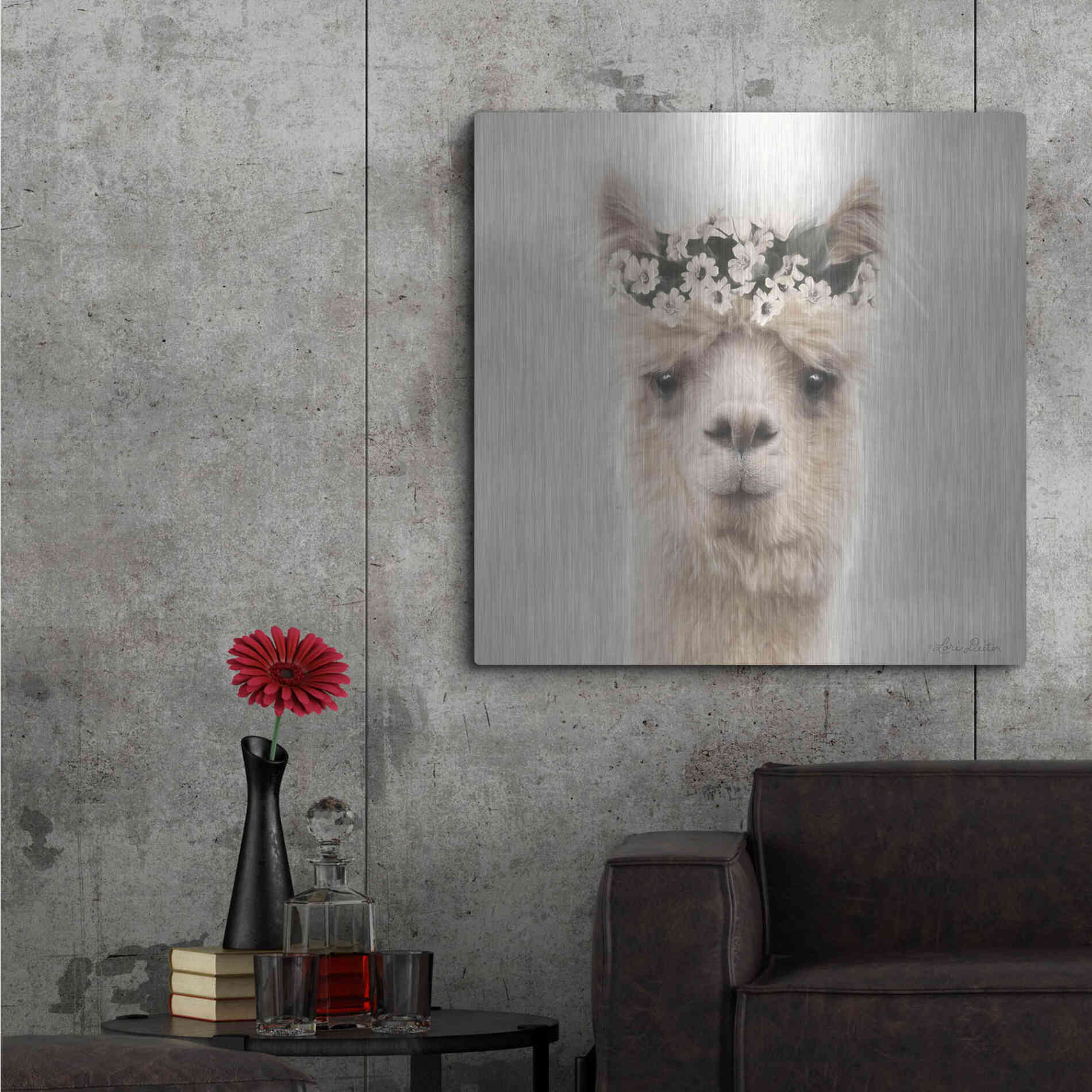 Luxe Metal Art 'Alpaca with Flowers' by Lori Deiter, Metal Wall Art,36x36