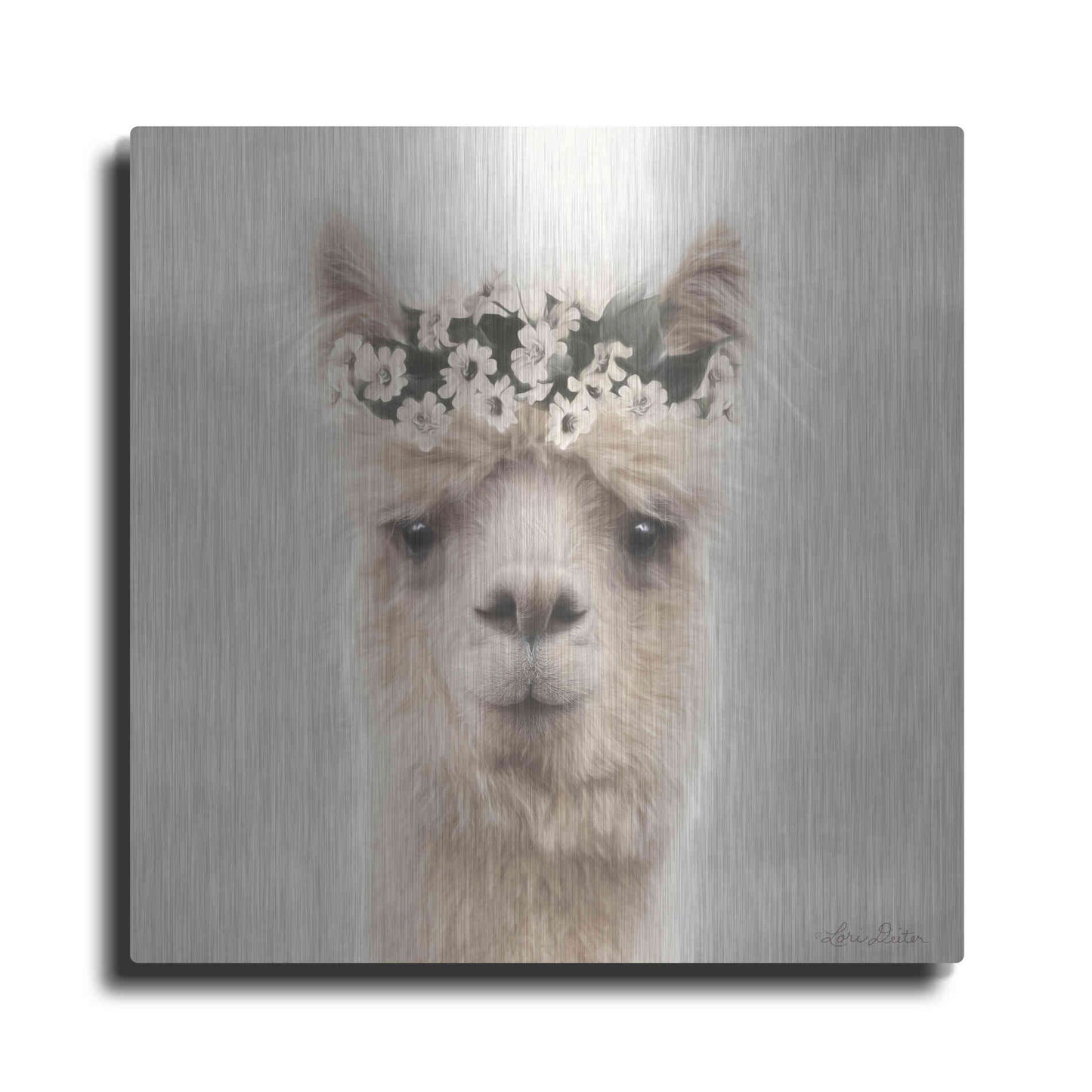 Luxe Metal Art 'Alpaca with Flowers' by Lori Deiter, Metal Wall Art