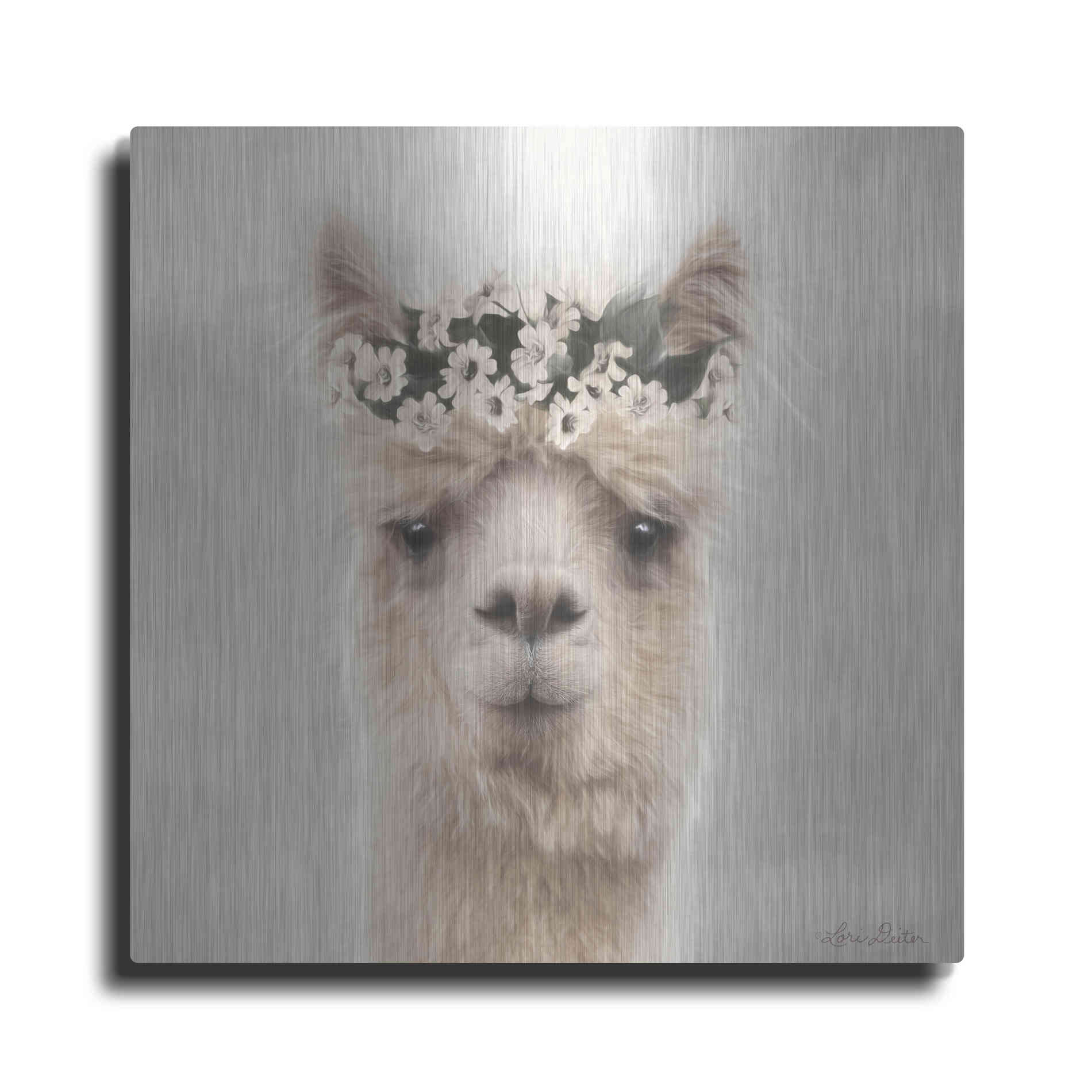Luxe Metal Art 'Alpaca with Flowers' by Lori Deiter, Metal Wall Art