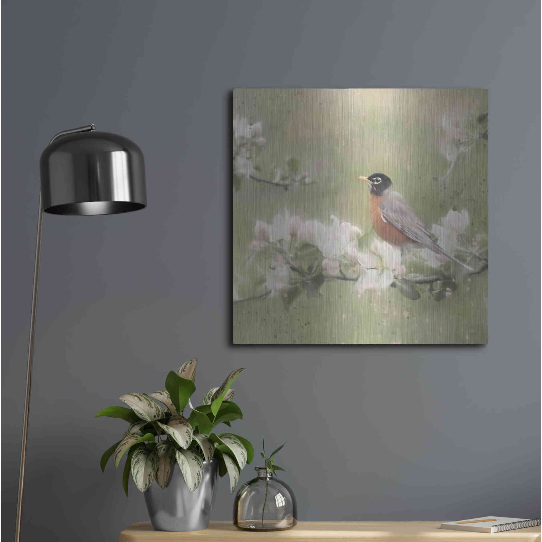 Luxe Metal Art 'Springtime Robin' by Lori Deiter, Metal Wall Art,24x24