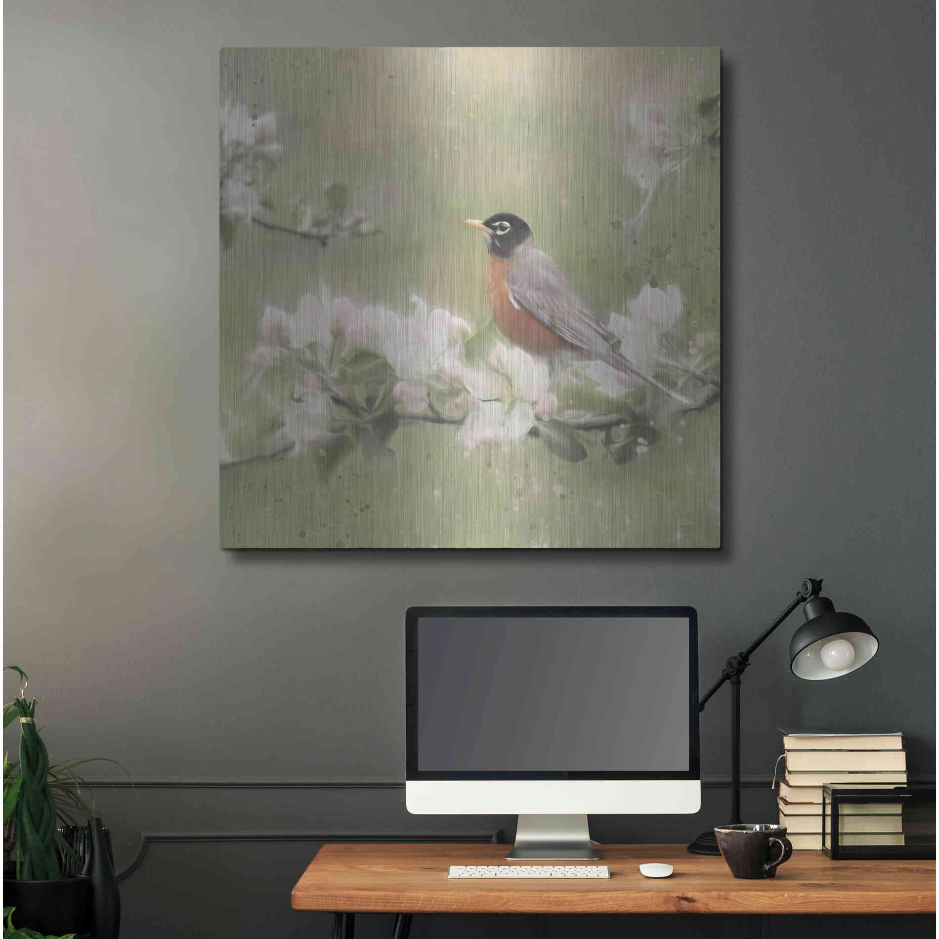 Luxe Metal Art 'Springtime Robin' by Lori Deiter, Metal Wall Art,36x36