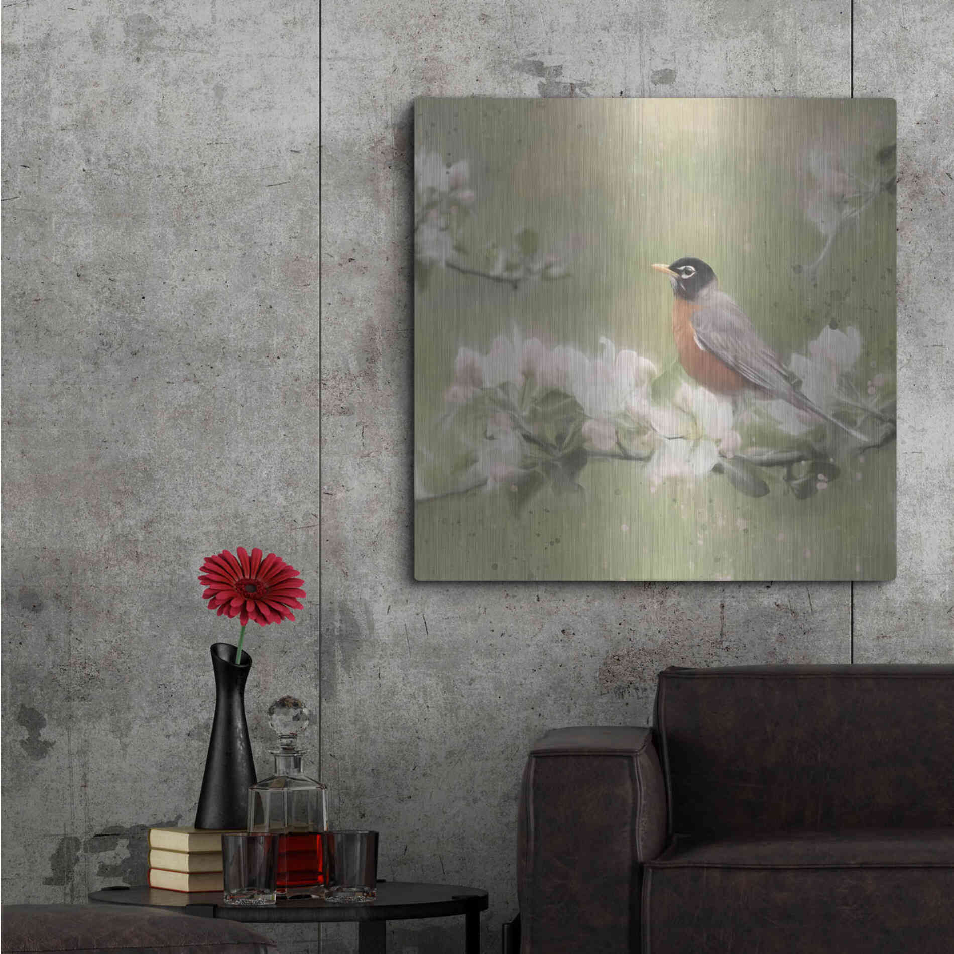 Luxe Metal Art 'Springtime Robin' by Lori Deiter, Metal Wall Art,36x36