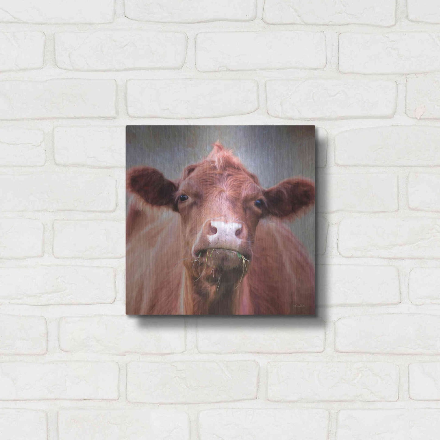 Luxe Metal Art 'The Brown Cow' by Lori Deiter, Metal Wall Art,12x12