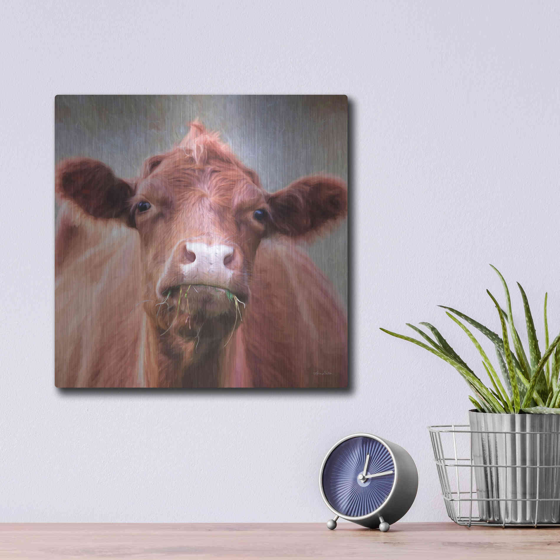 Luxe Metal Art 'The Brown Cow' by Lori Deiter, Metal Wall Art,12x12