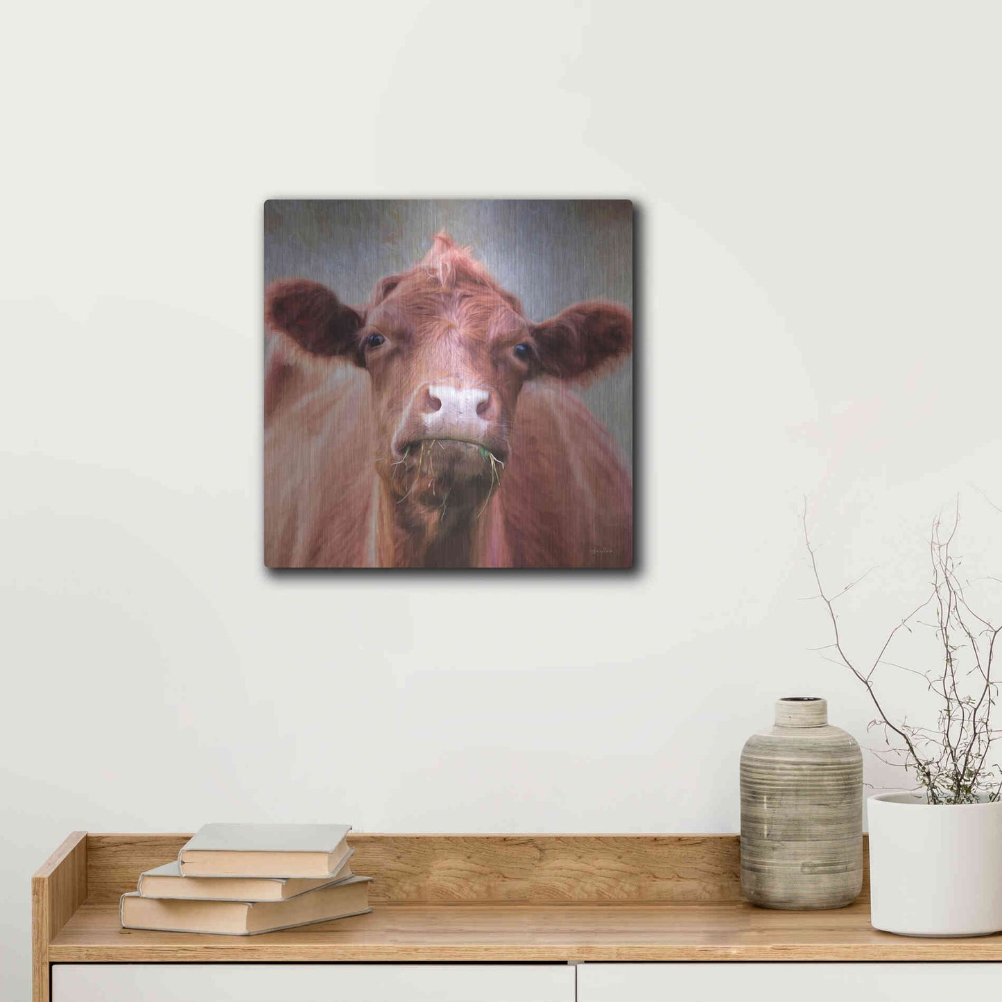 Luxe Metal Art 'The Brown Cow' by Lori Deiter, Metal Wall Art,12x12