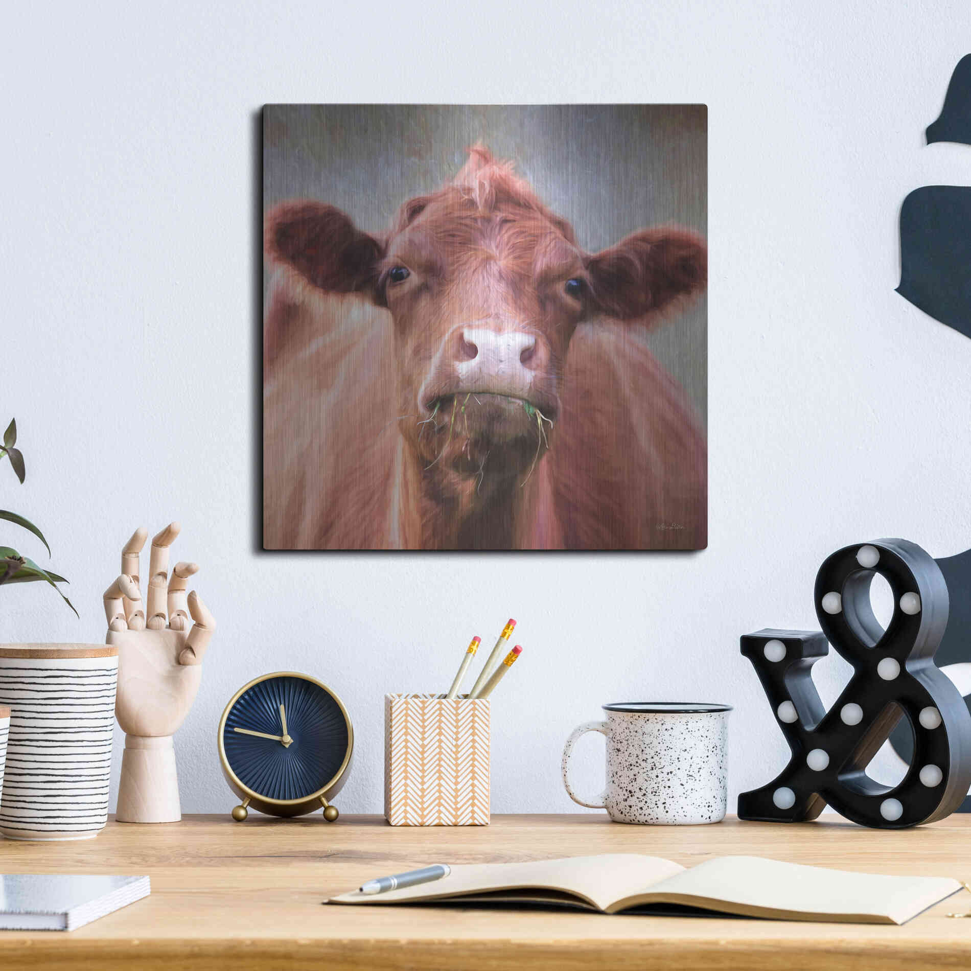 Luxe Metal Art 'The Brown Cow' by Lori Deiter, Metal Wall Art,12x12
